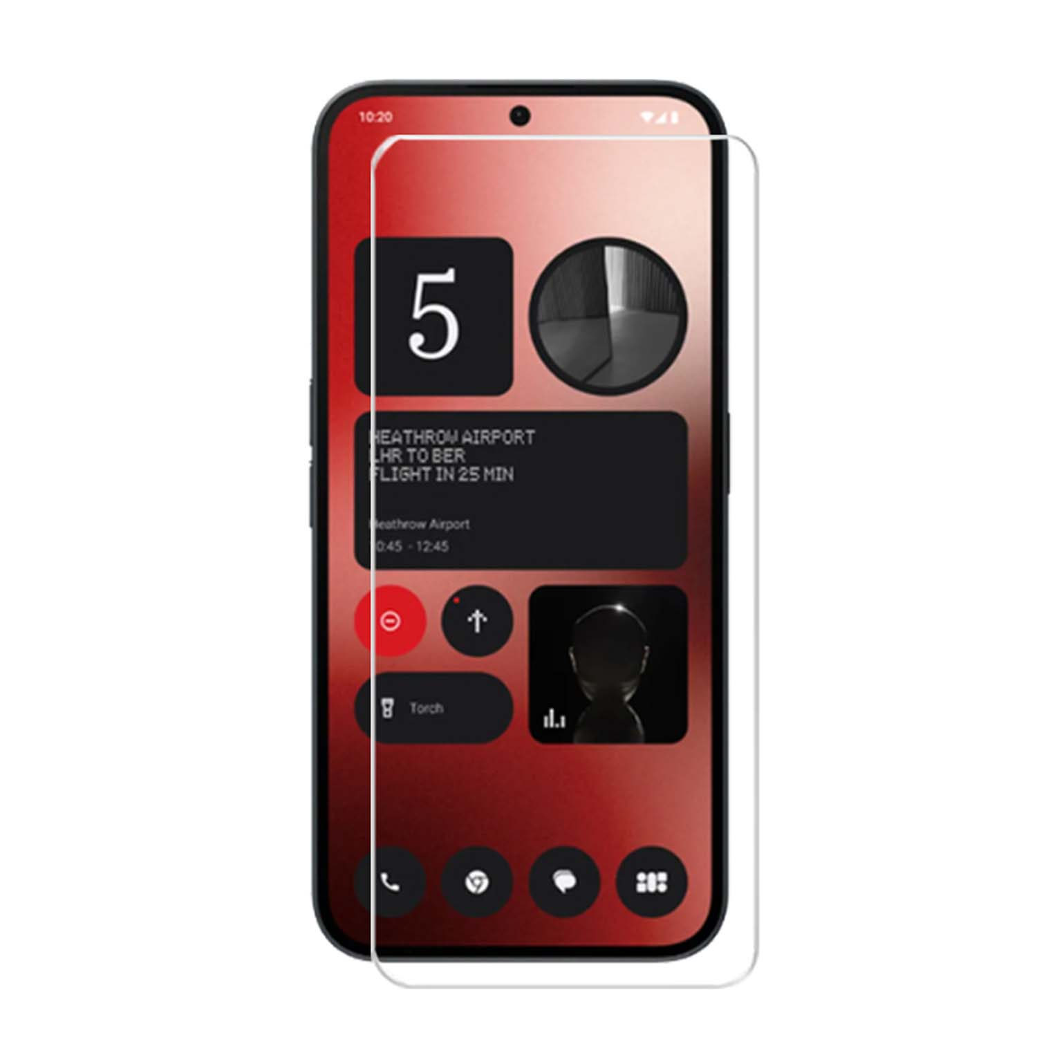 Een telefoon met een screenprotector. Het scherm toont app widgets met tekst en iconen.