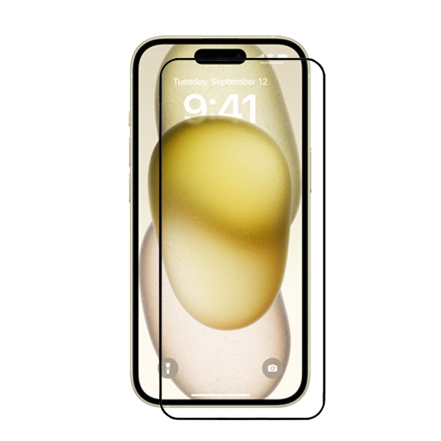 Een smartphonescherm met een screenprotector, met een vergrendelscherm. Het scherm is lichtgeel.