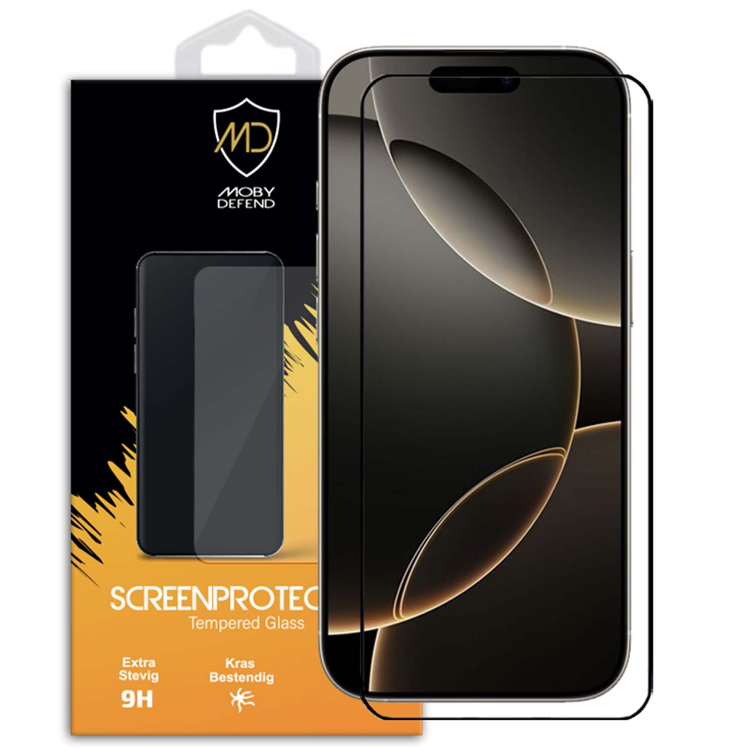 Telefoon met screenprotector in een doos. Zwart-goud thema.