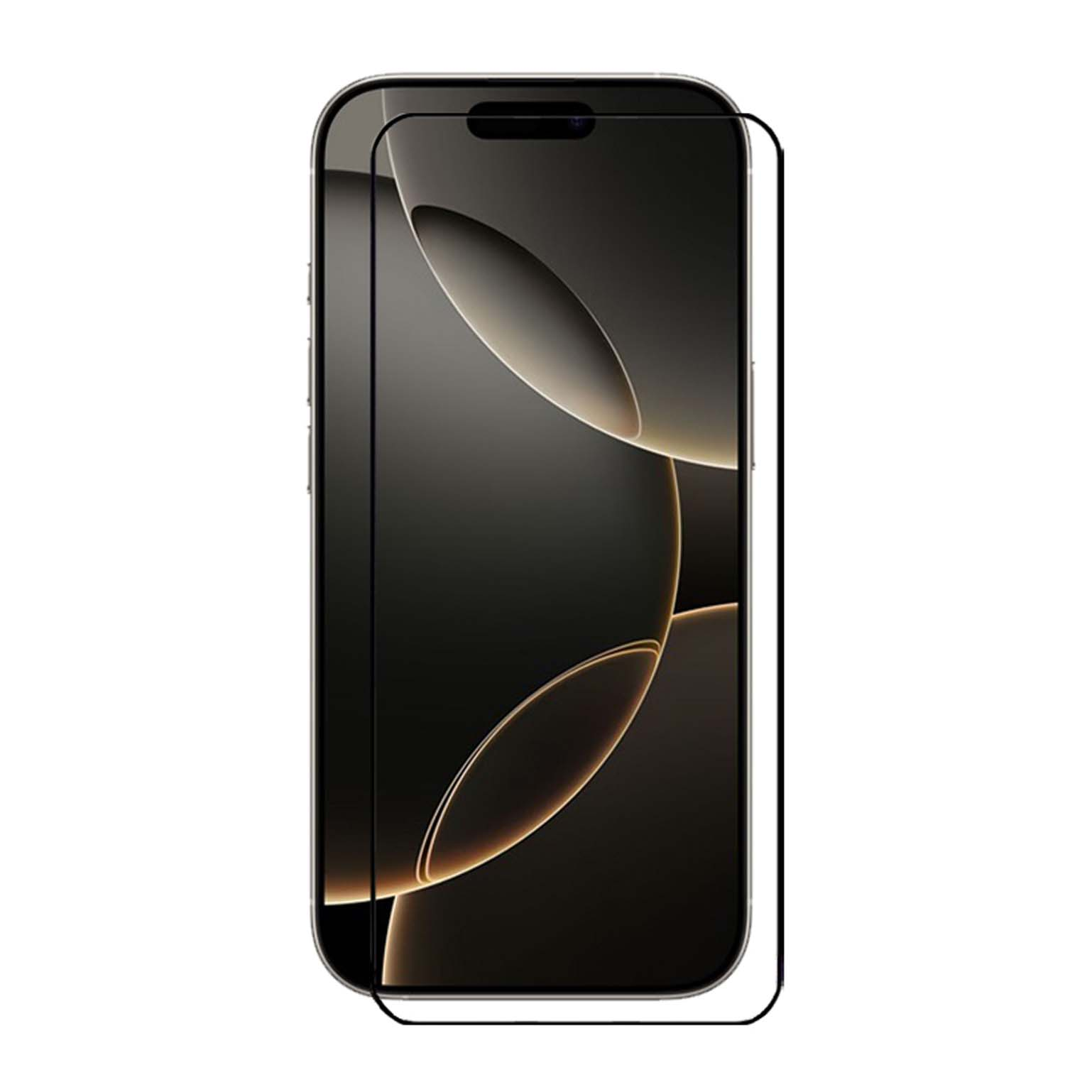Een telefoon met een schermbeschermer. Het scherm toont een gouden en zwarte achtergrond.