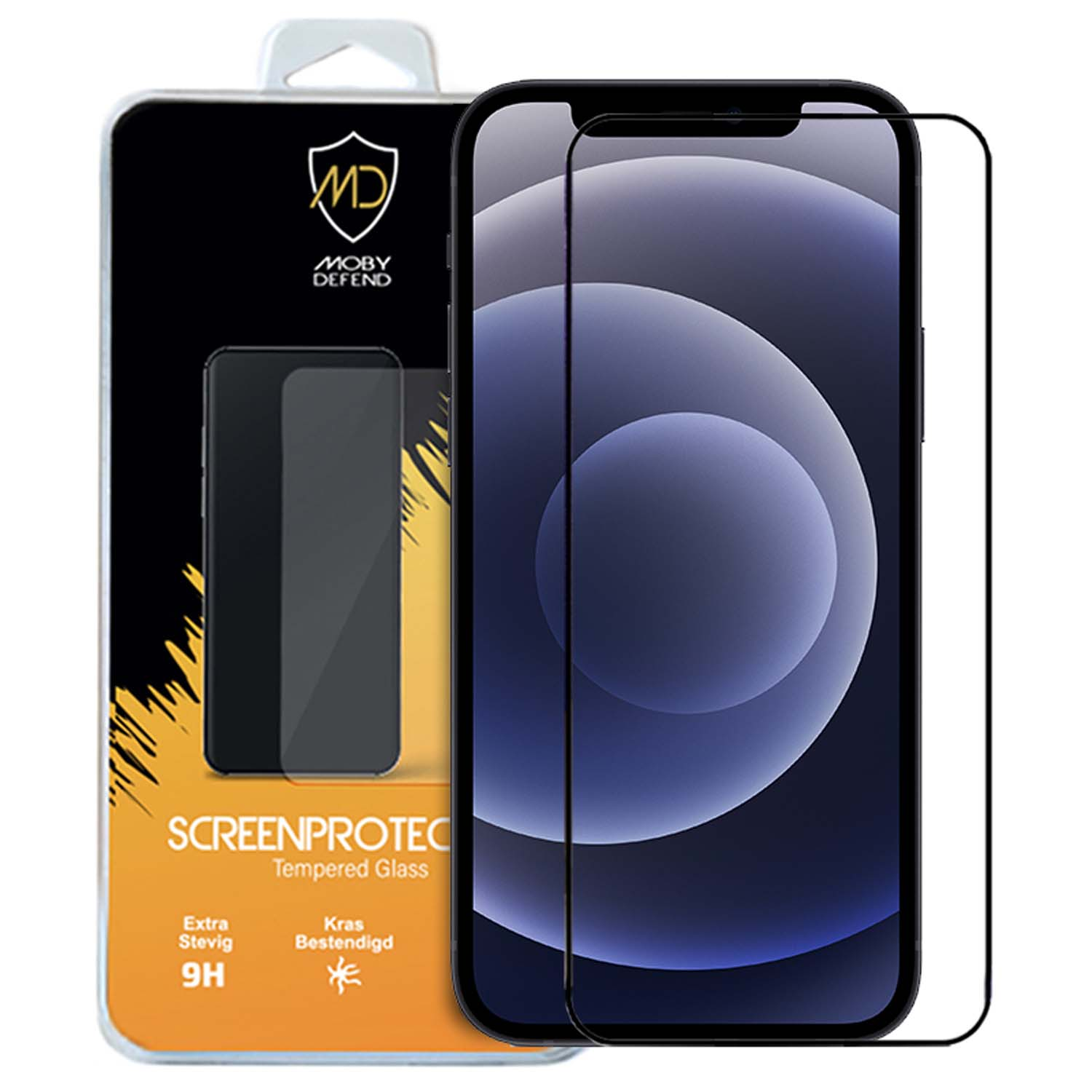 Boîte de protection d'écran et téléphone. Le téléphone a un protecteur d'écran appliqué. Paquet à gauche.