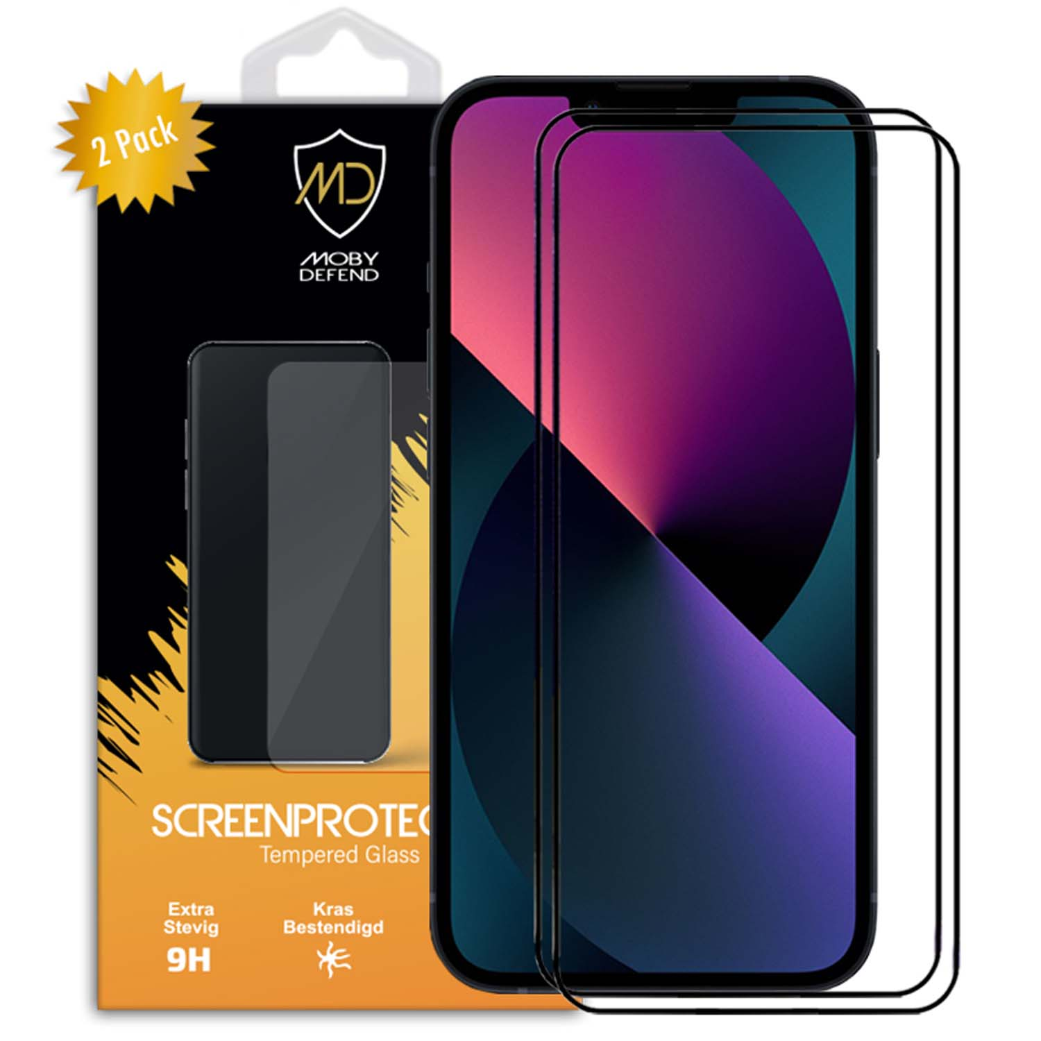 Telefoon met schermbeschermer, verpakt op zwarte en gele achtergrond, met beschermglas op de telefoon.