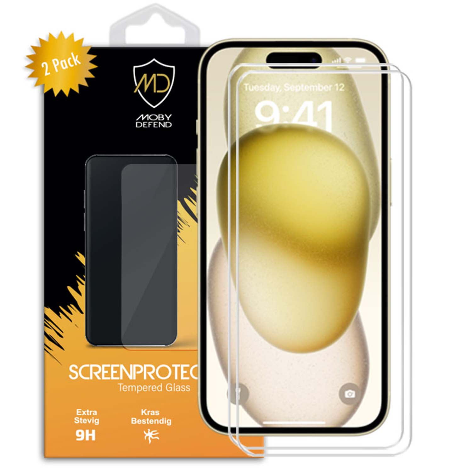 Een smartphone met twee screenprotectors en verpakking. De verpakking bevat branding en een telefoonsilhouet.
