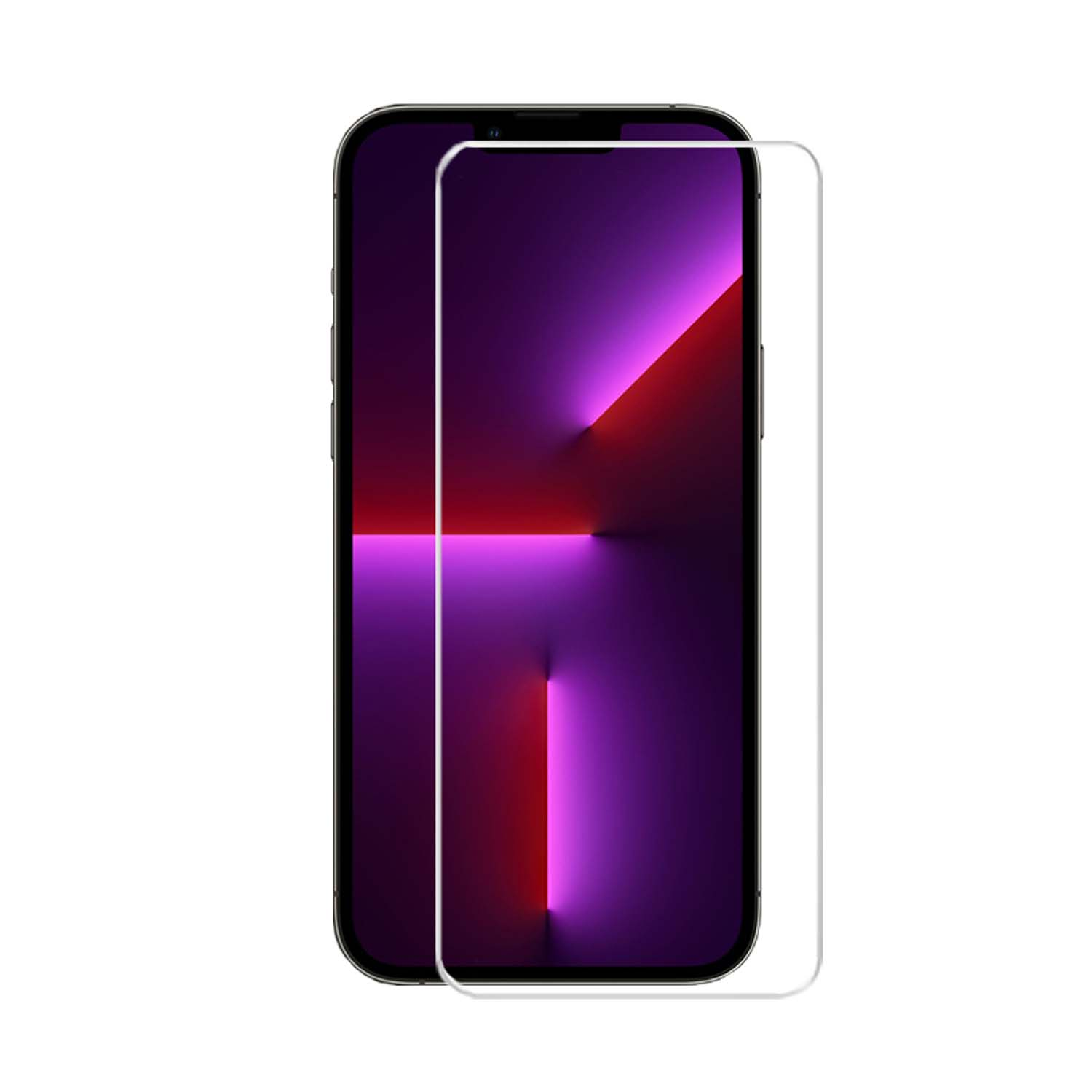 Un smartphone avec un protecteur d'écran, affichant un arrière-plan avec une lumière violette et rouge.
