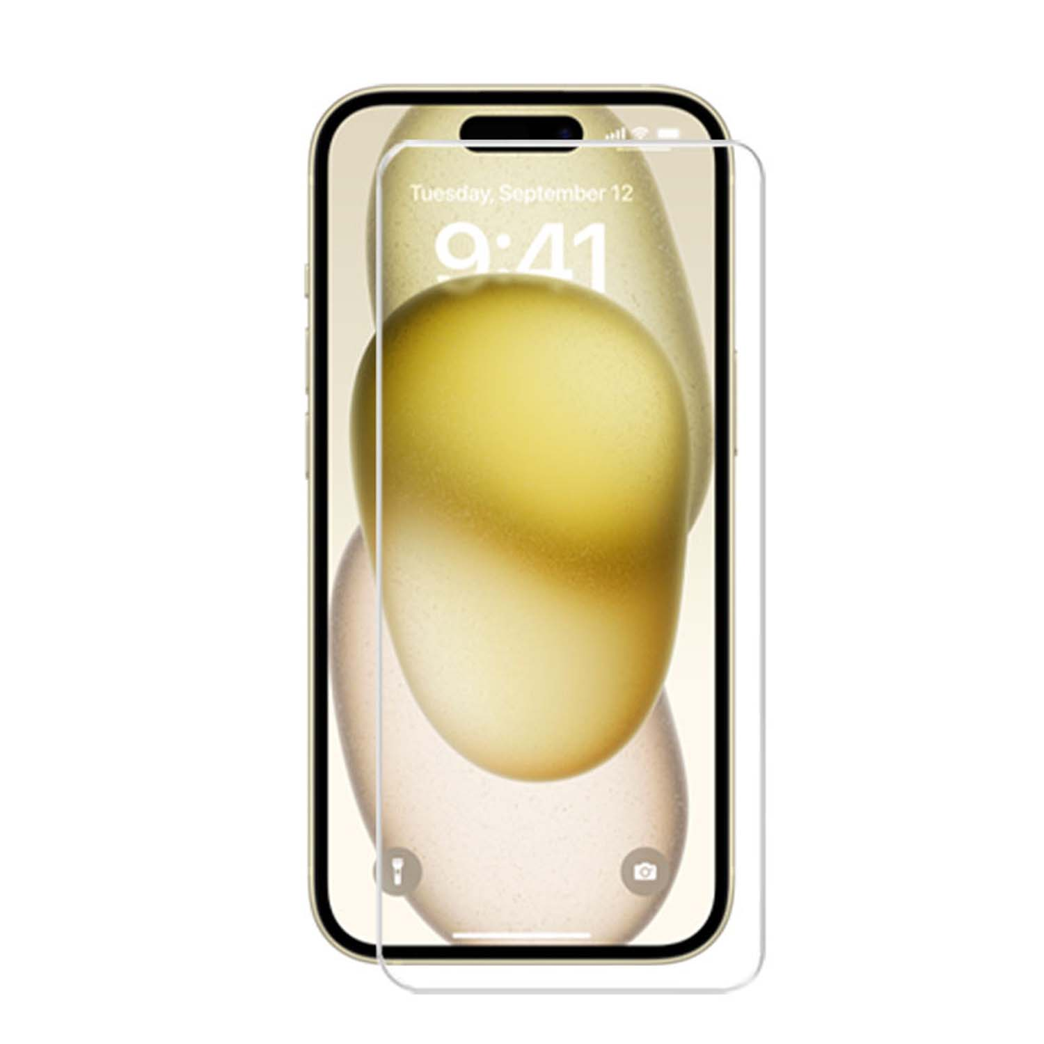 Téléphone avec protecteur d'écran. L'heure est 9h41. Le fond est un dégradé jaune-blanc abstrait.