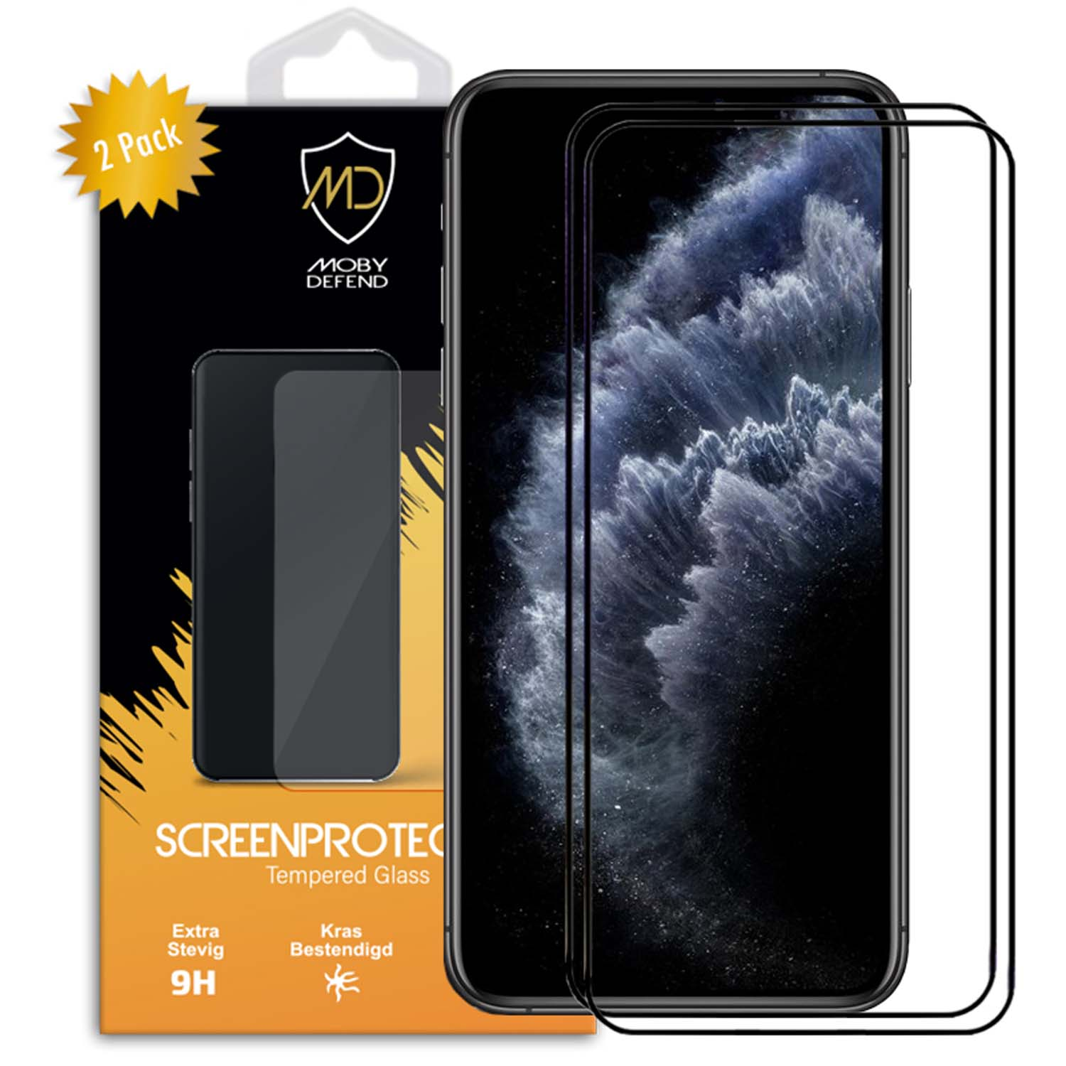 Schermbeschermerspakket. Het telefoonscherm toont zwarte en blauwe kleuren.