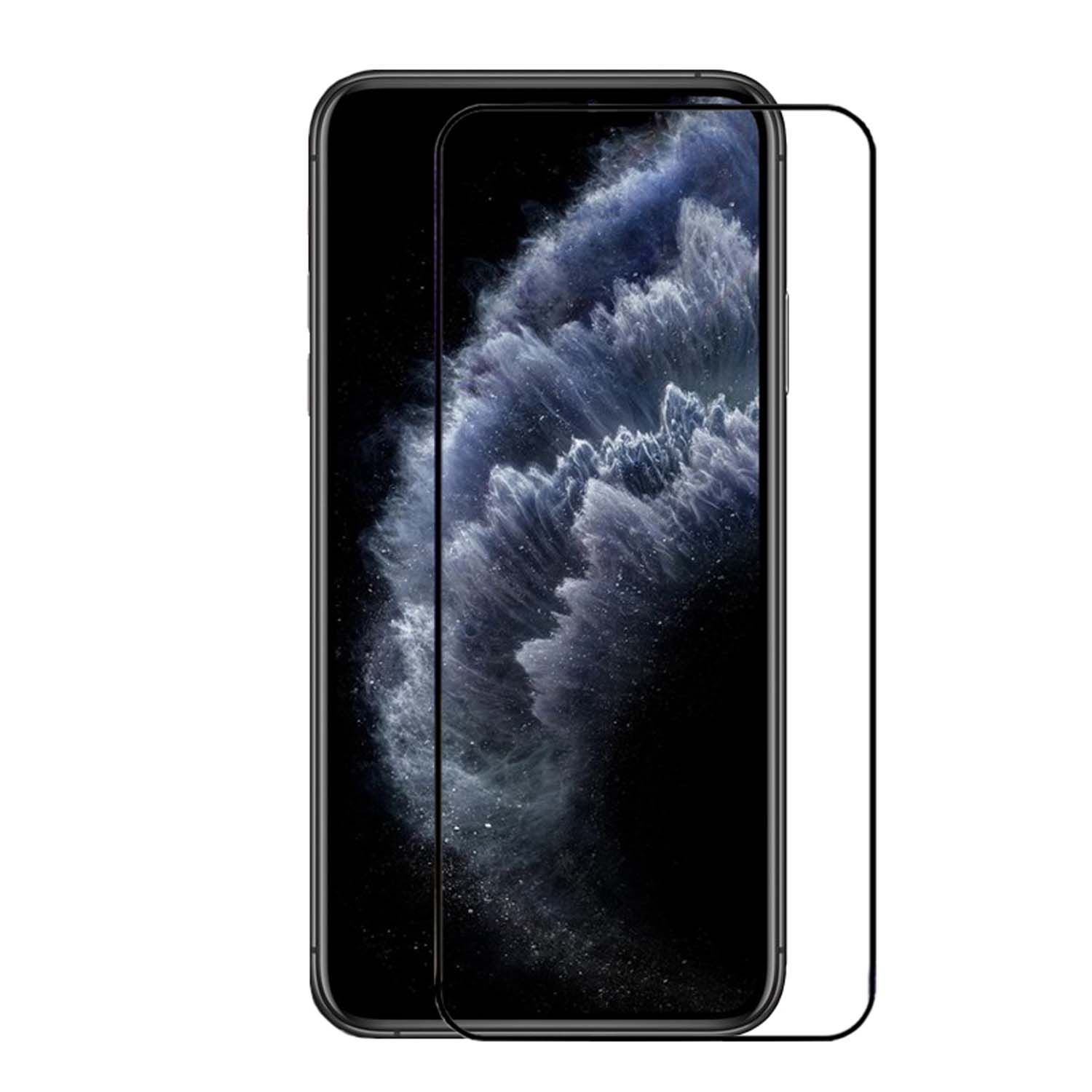Zwarte smartphone met screenprotector erop. De achtergrondafbeelding is een nevel.