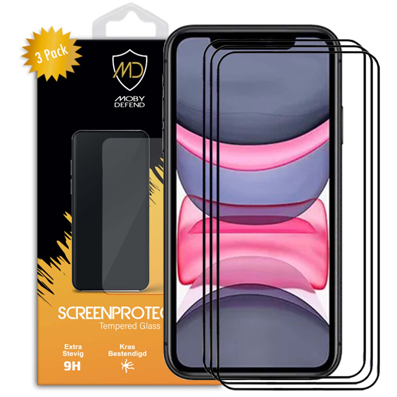 Verpakking van screenprotectors. De telefoonschermen zijn zichtbaar. De verpakking heeft een logo en tekst over het product.