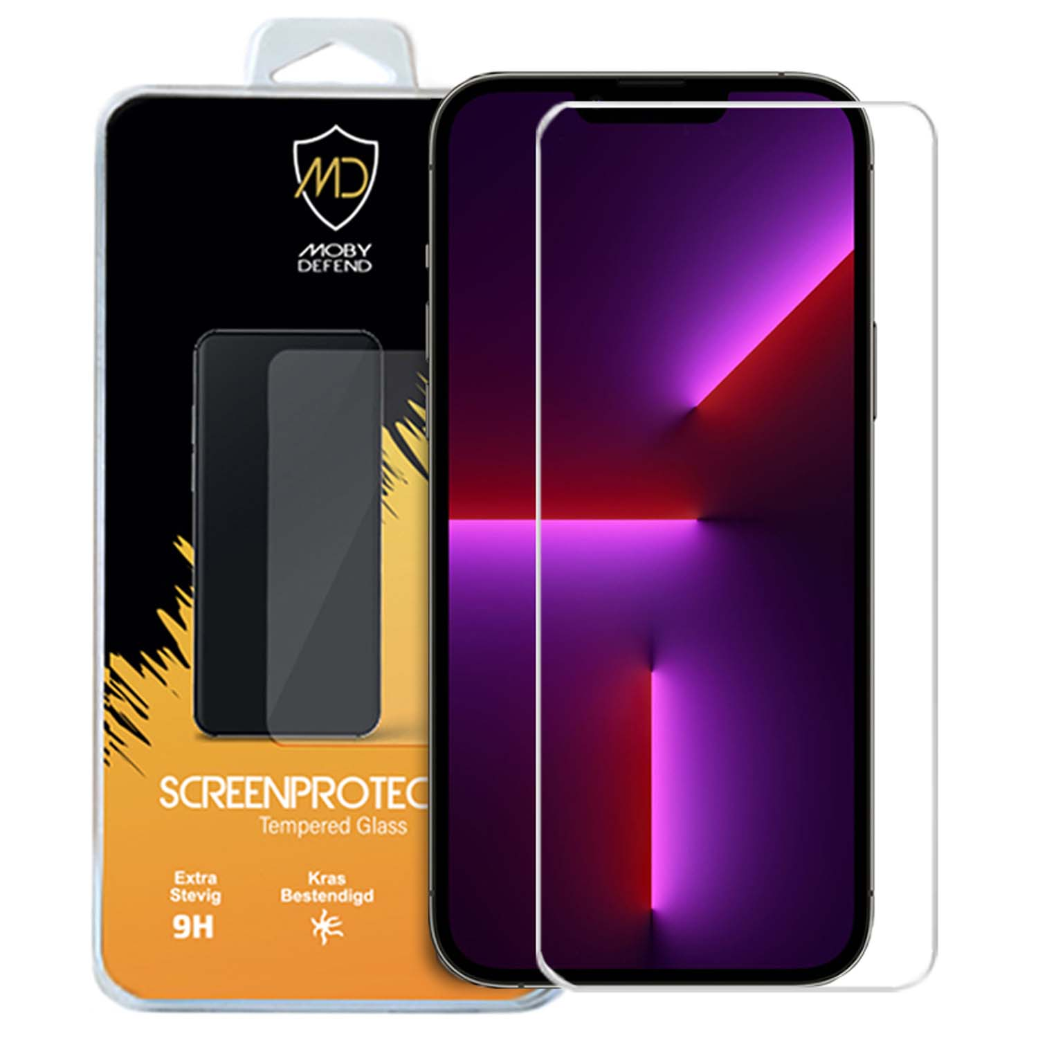 Un téléphone avec un protecteur d'écran. L'écran a un fond violet et rouge.