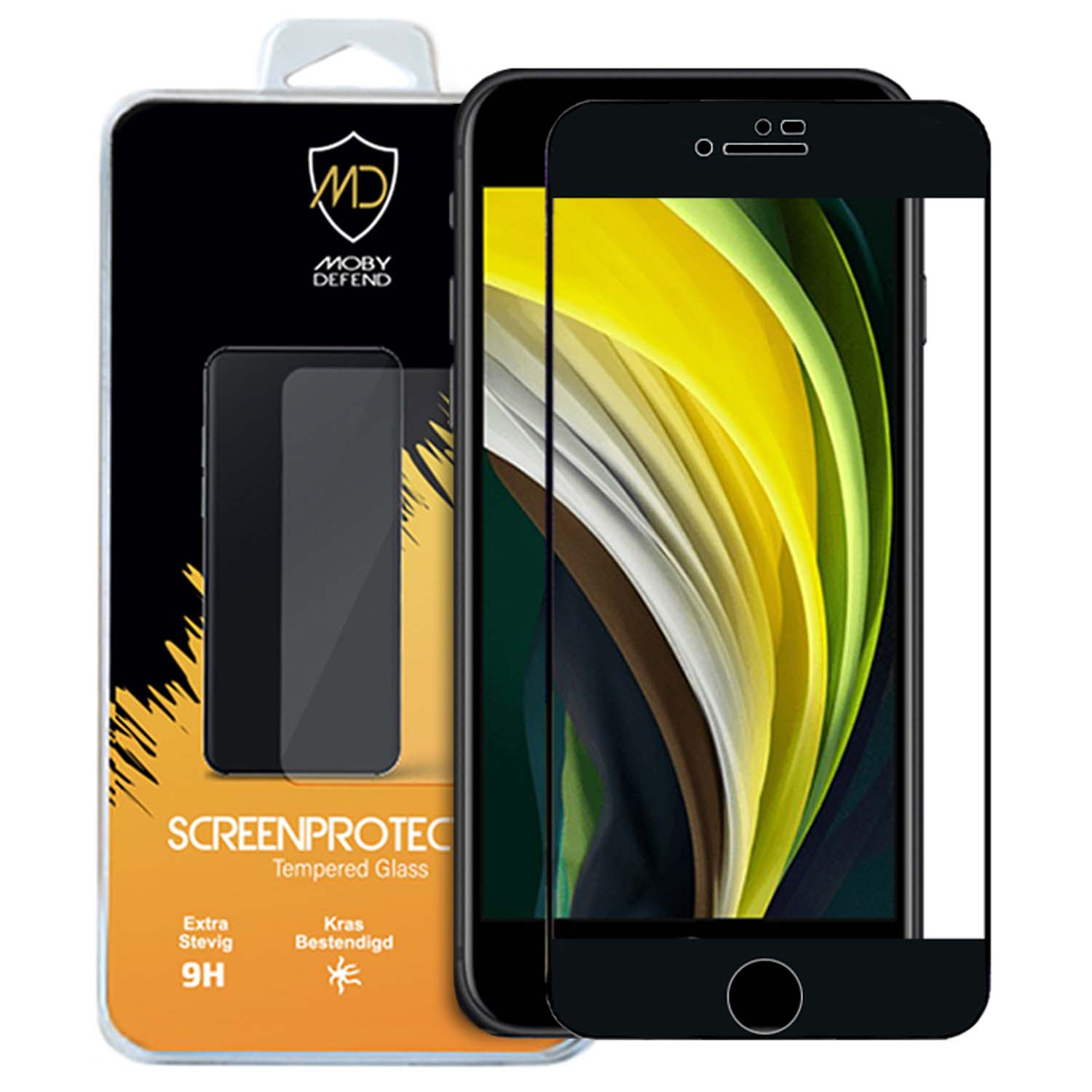 Telefoonschermbeschermer verpakking met telefoon en beschermer. De telefoon heeft een geel en zwart display. De beschermer is helder.
