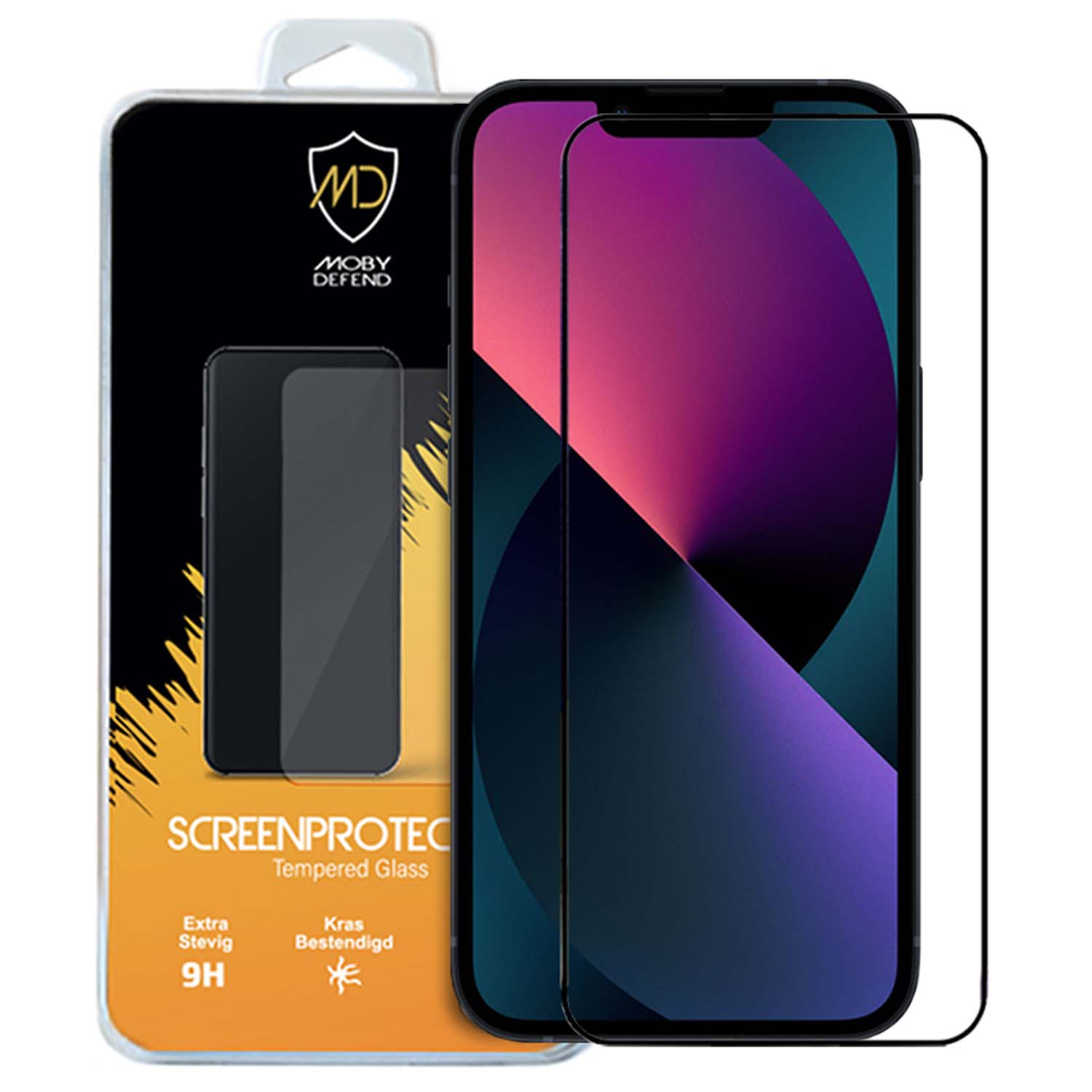 Schermbeschermerspakket. Het telefoonscherm toont paarse, blauwe en roze kleuren.