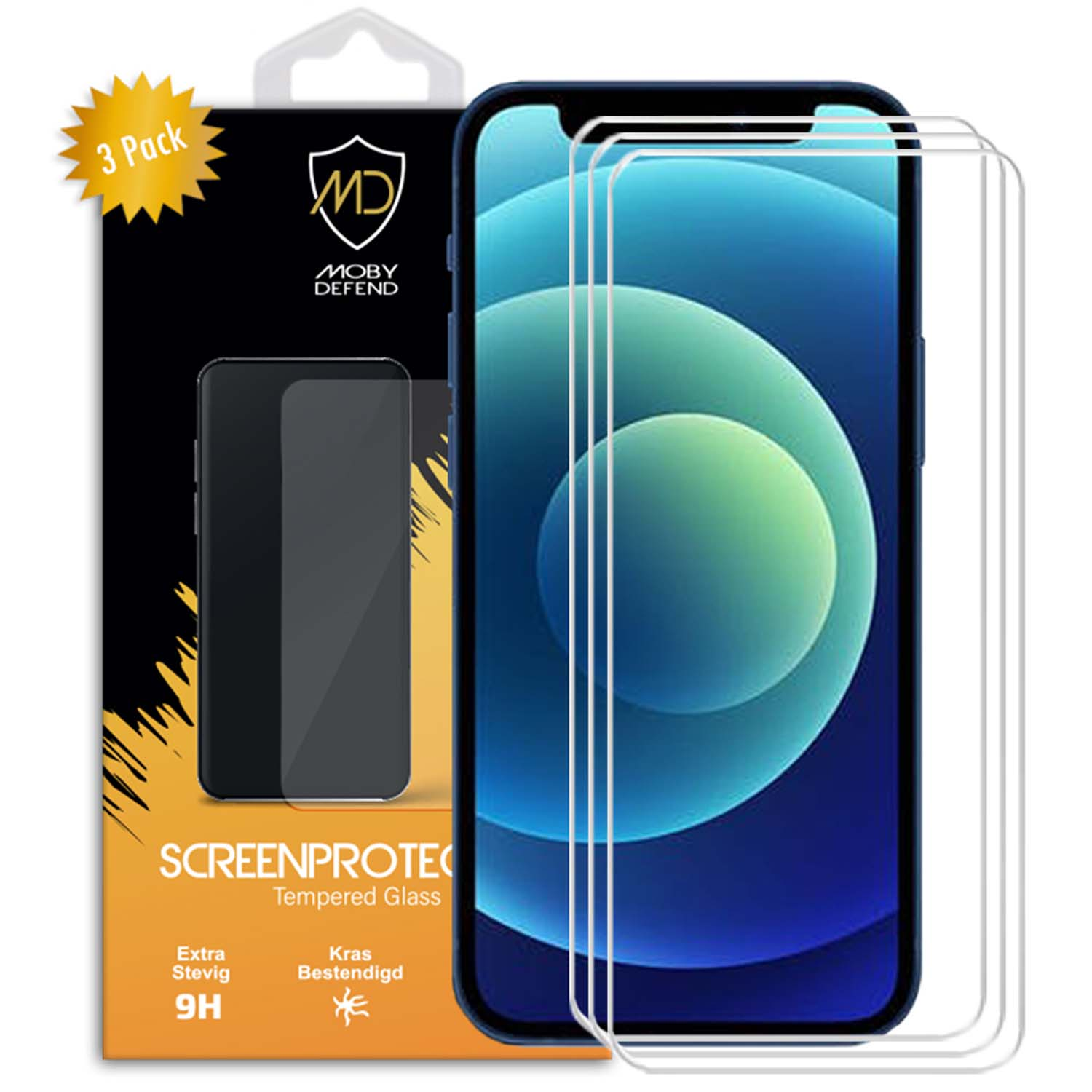 Smartphone avec protecteurs d'écran et emballage. L'emballage indique 'Protecteur d'écran' et 'Lot de 3'.