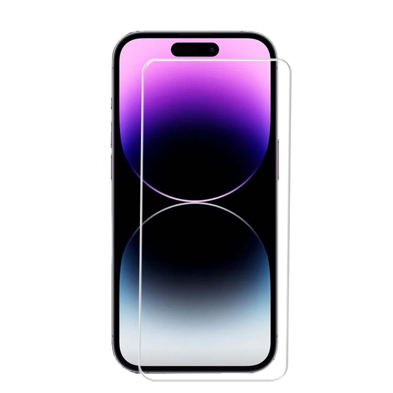 Telefoon met een schermbeschermer. Het scherm heeft een paarse en blauwe gradiënt achtergrond.