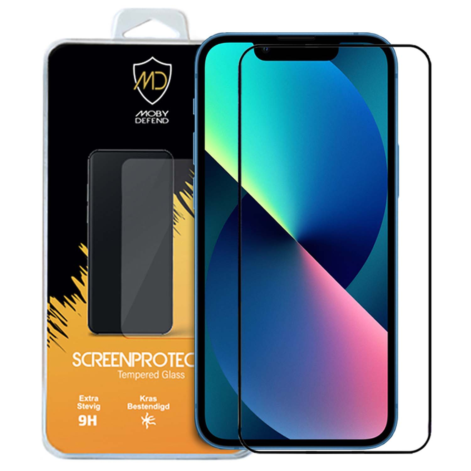 Protecteur d'écran de téléphone dans l'emballage avec téléphone. Verre trempé, cadre noir et téléphone avec affichage coloré.