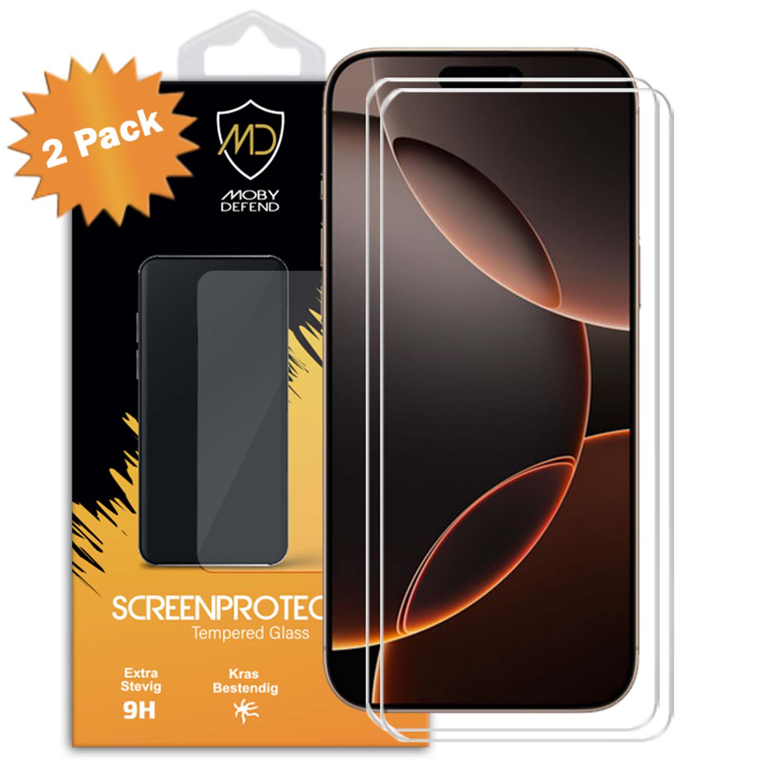 Pak van 2 schermbeschermers met telefoonafbeelding. Verpakking heeft stersticker. Wit en zwart, met tekst.