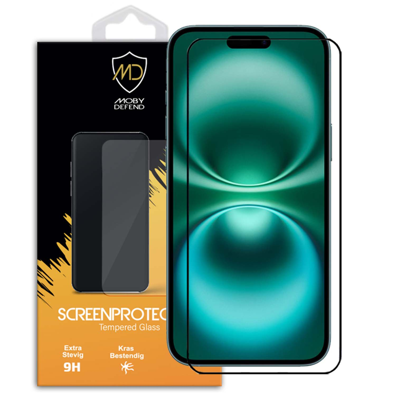 Verpakking met een telefoon en screenprotector. Het scherm toont een groene achtergrond.