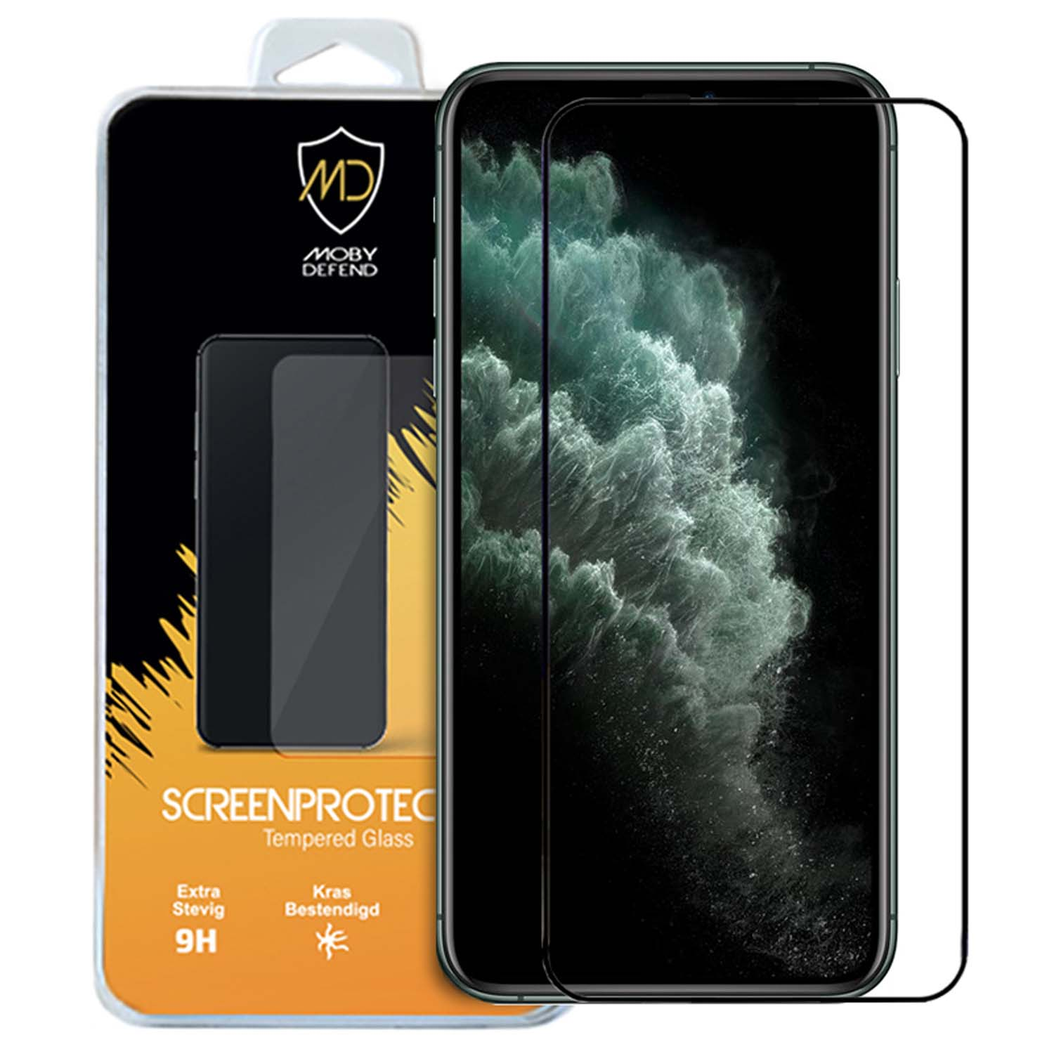 Telefoon met screenprotector op het scherm. Verpakking met telefoon. Nederlandse tekst.
