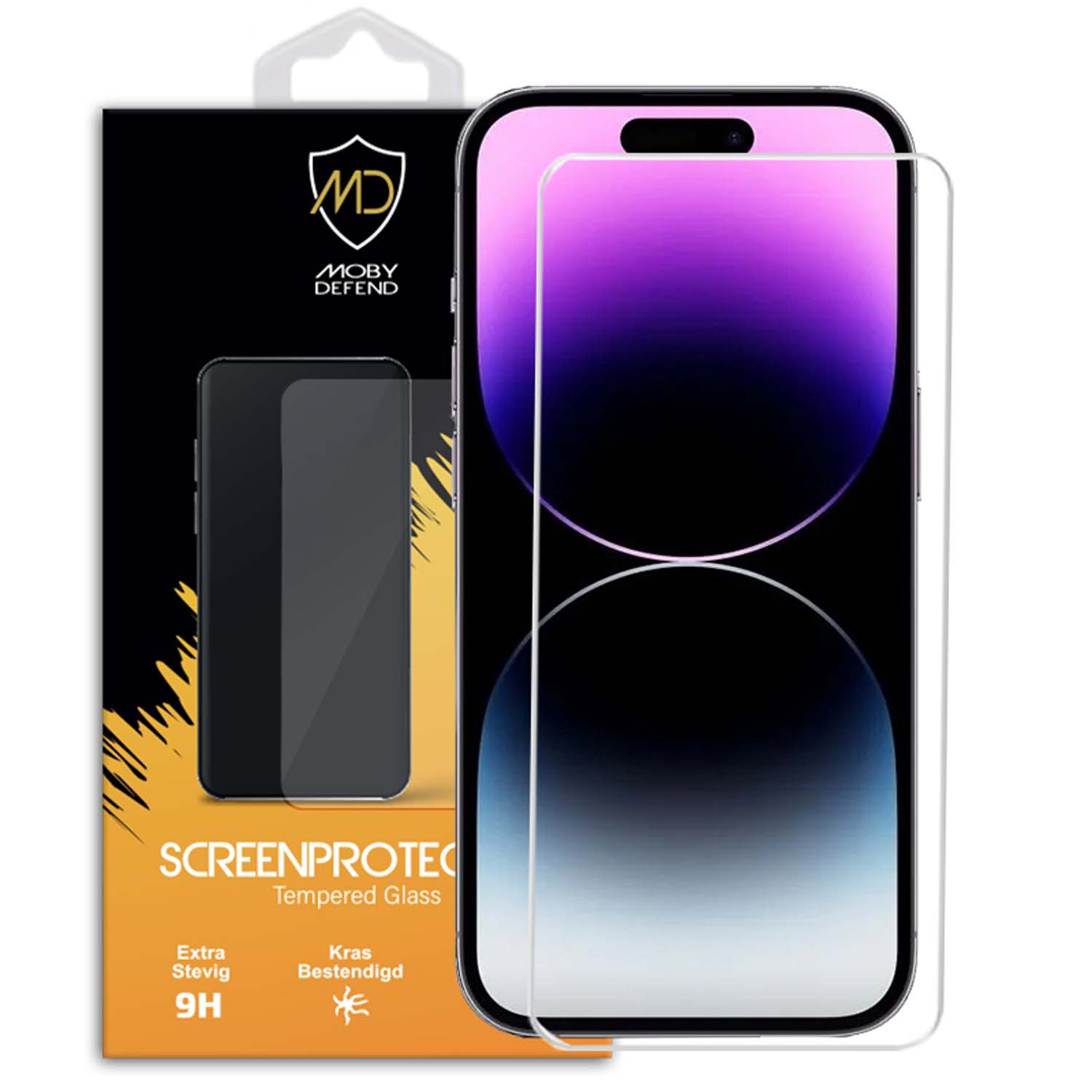 Smartphone met screenprotectors en verpakking. De verpakking zegt 'Screenprotector'.
