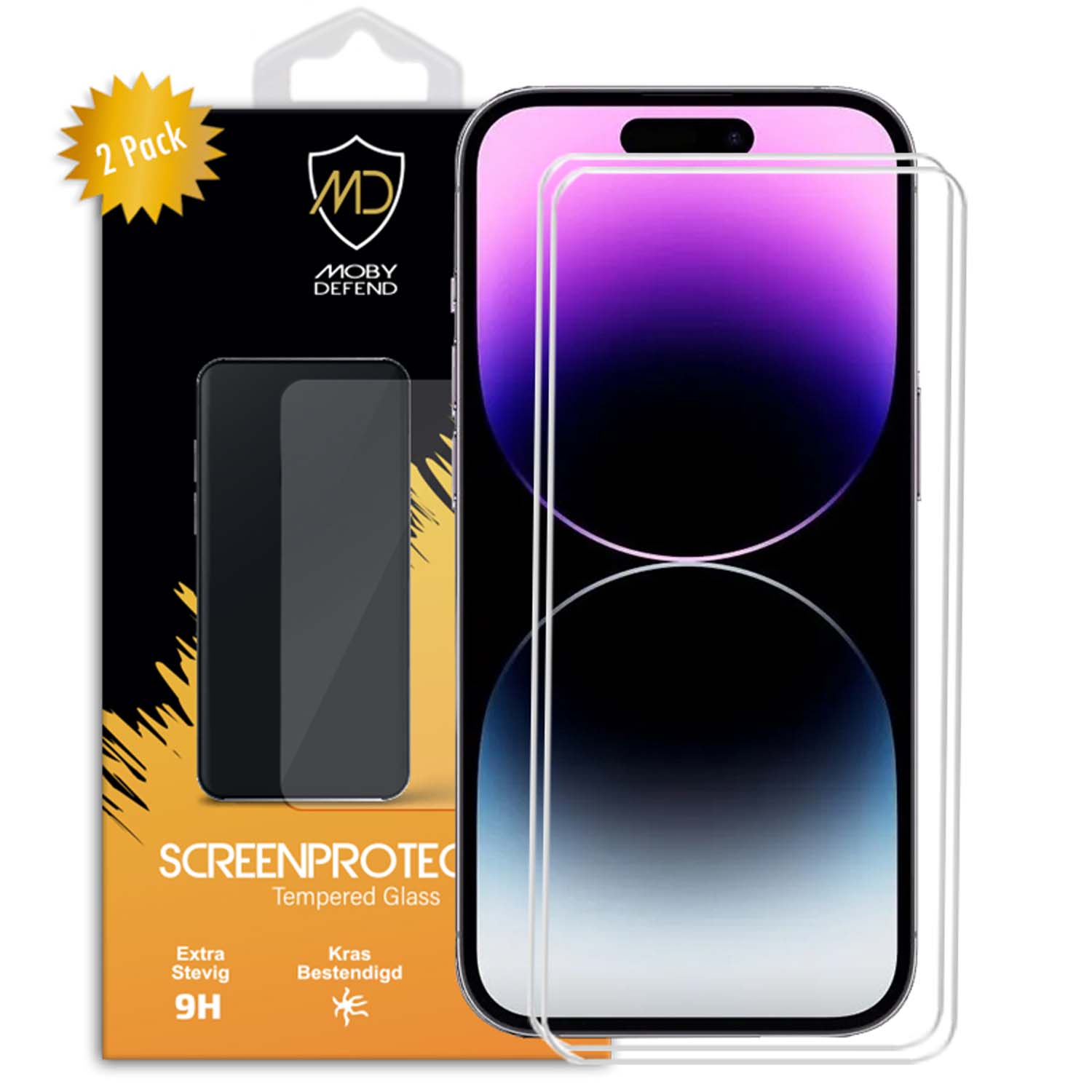 Un smartphone avec deux protecteurs d'écran et un emballage. Le téléphone a un arrière-plan violet et rose.