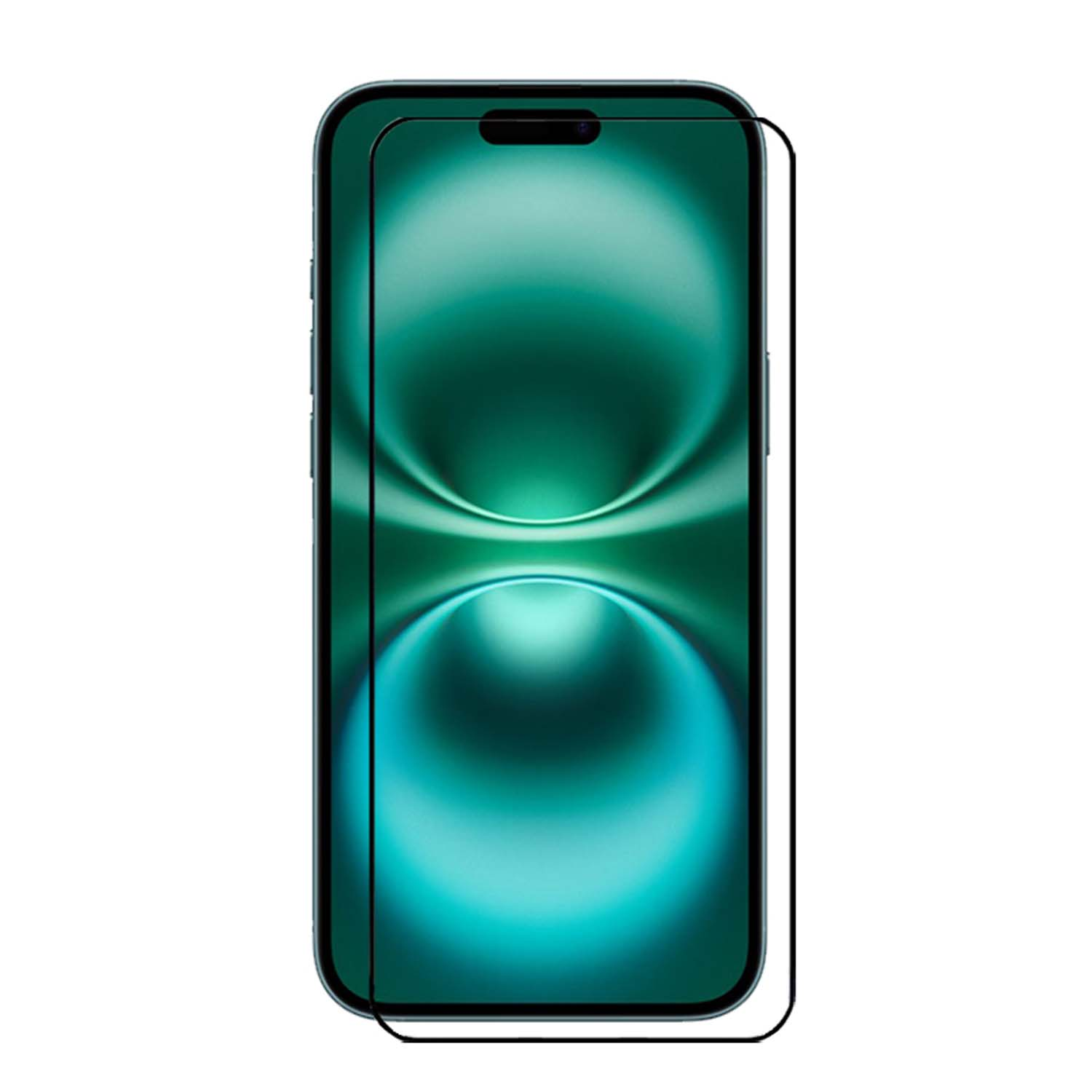 Een telefoon met screenprotector. De achtergrond is groen.