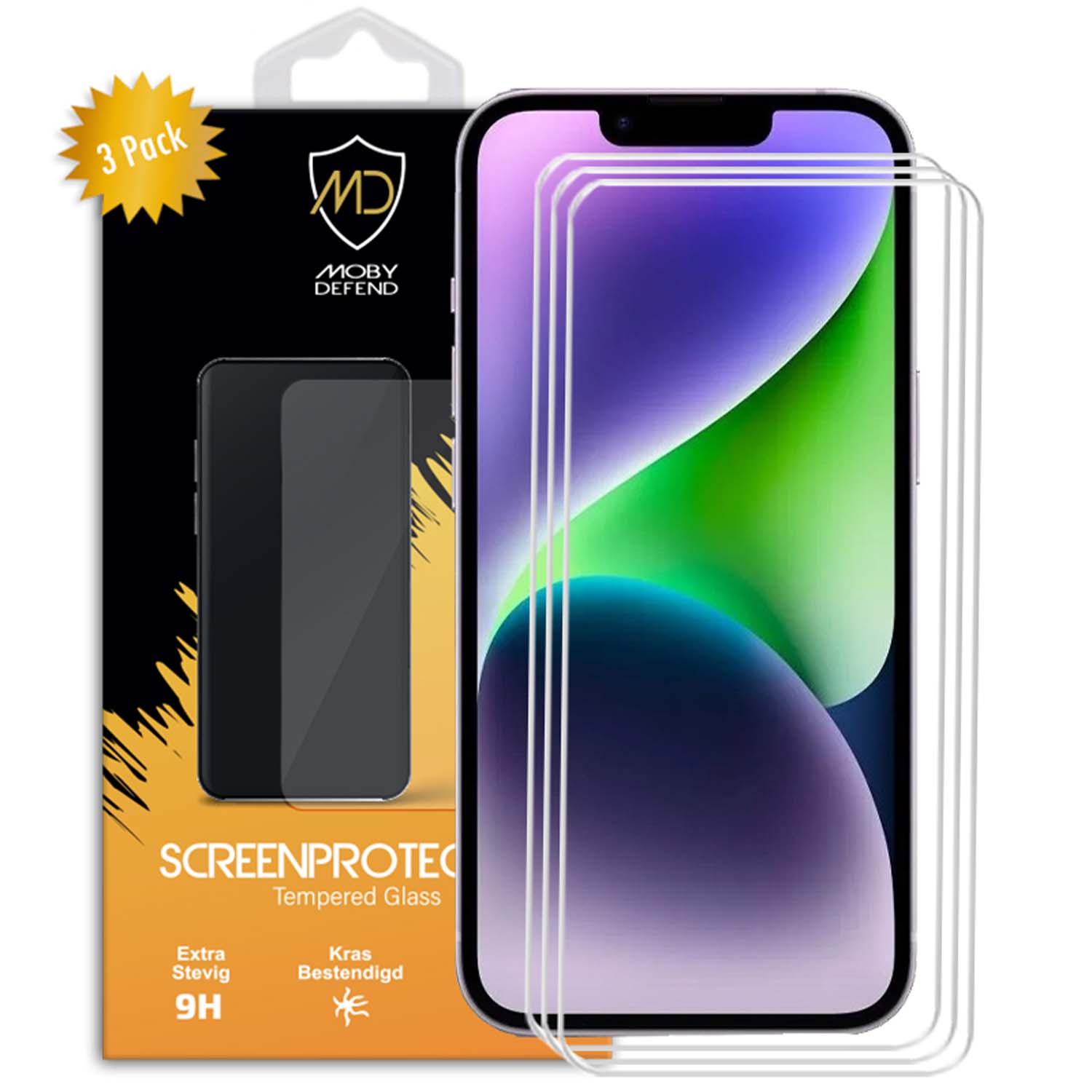 Telefoonschermbeschermer pack met telefoon. Drie beschermers, zwart frame en telefoon met kleurrijk display.