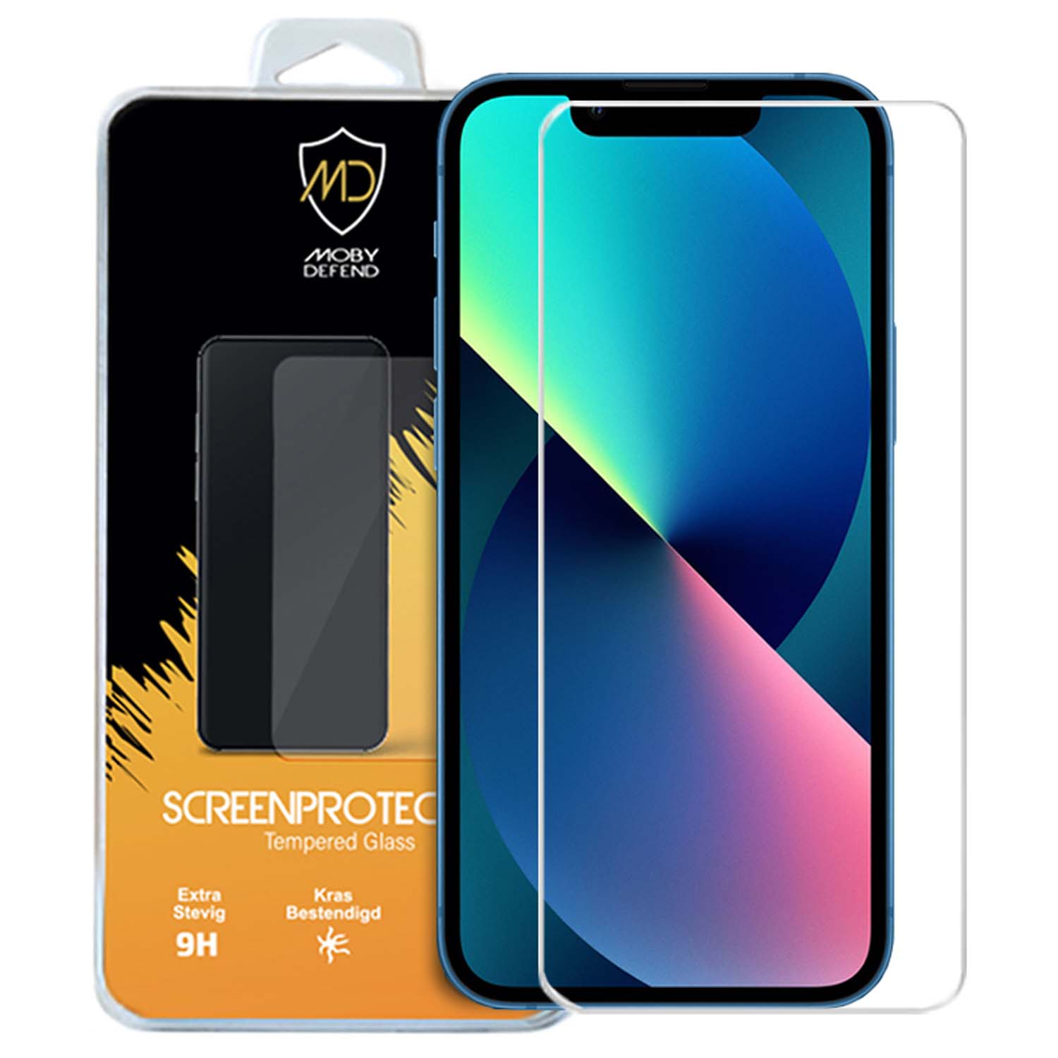 Telefoon met schermbeschermer. Verpakking toont telefoonafbeelding en beschermer. Zwart-wit, met tekst.