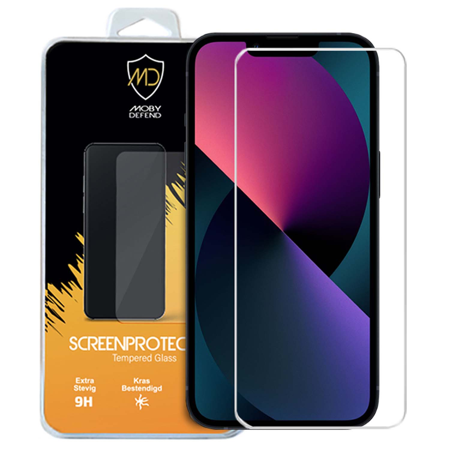 Een smartphone met een screenprotector en verpakking. Het telefoonscherm toont een donkerblauw en paars ontwerp.