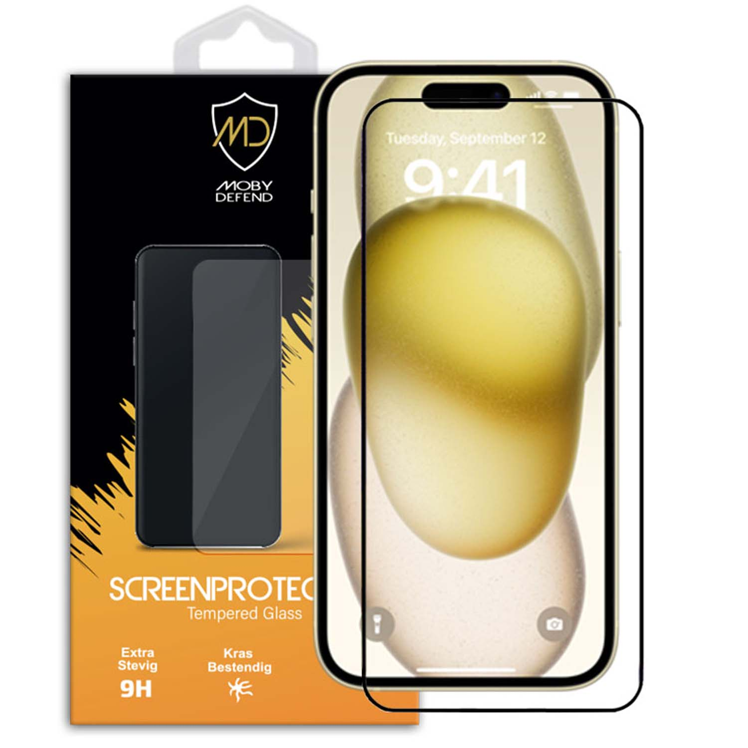 Verpakking met twee screenprotectors. Telefoonscherm toont klok en app-iconen.