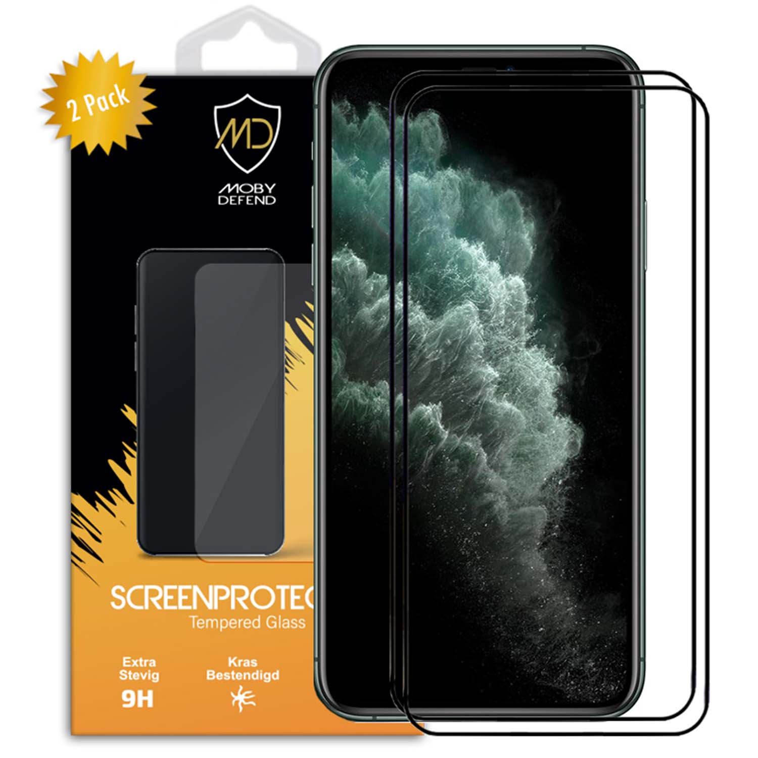 Telefoon met schermbeschermer. Een 2-pack wordt getoond. Het scherm is zwart.