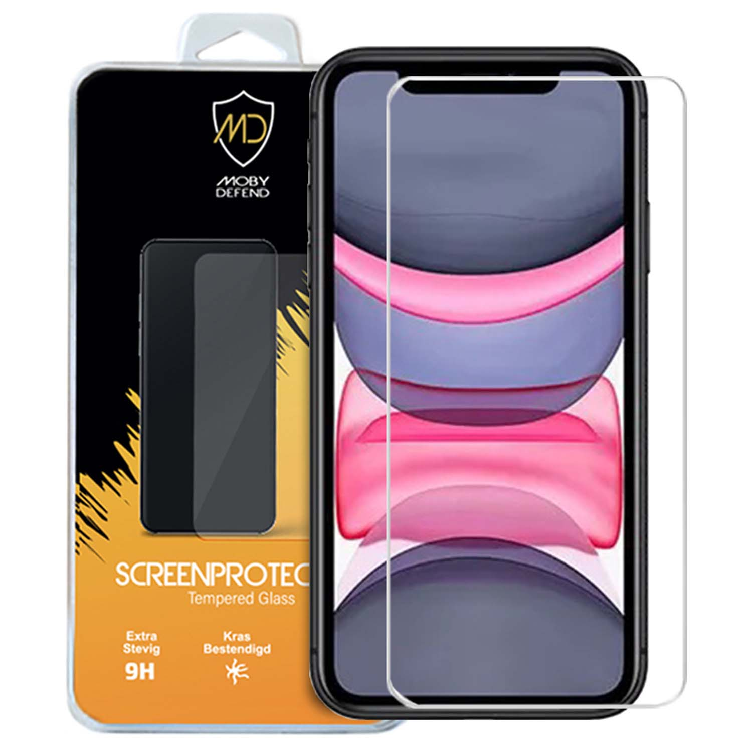 Telefoon met schermbeschermer, verpakt op zwarte en gele achtergrond, met beschermglas op de telefoon.