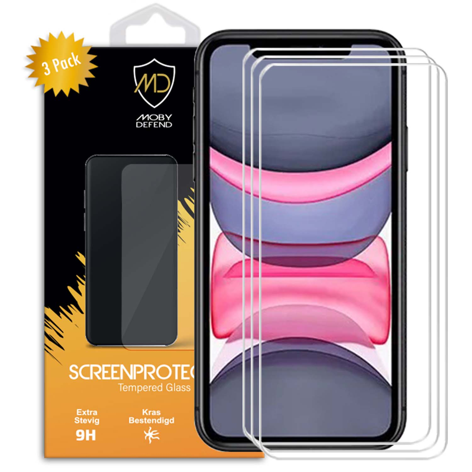 Schermbeschermerspakket. Het telefoonscherm toont roze en blauwe kleuren.