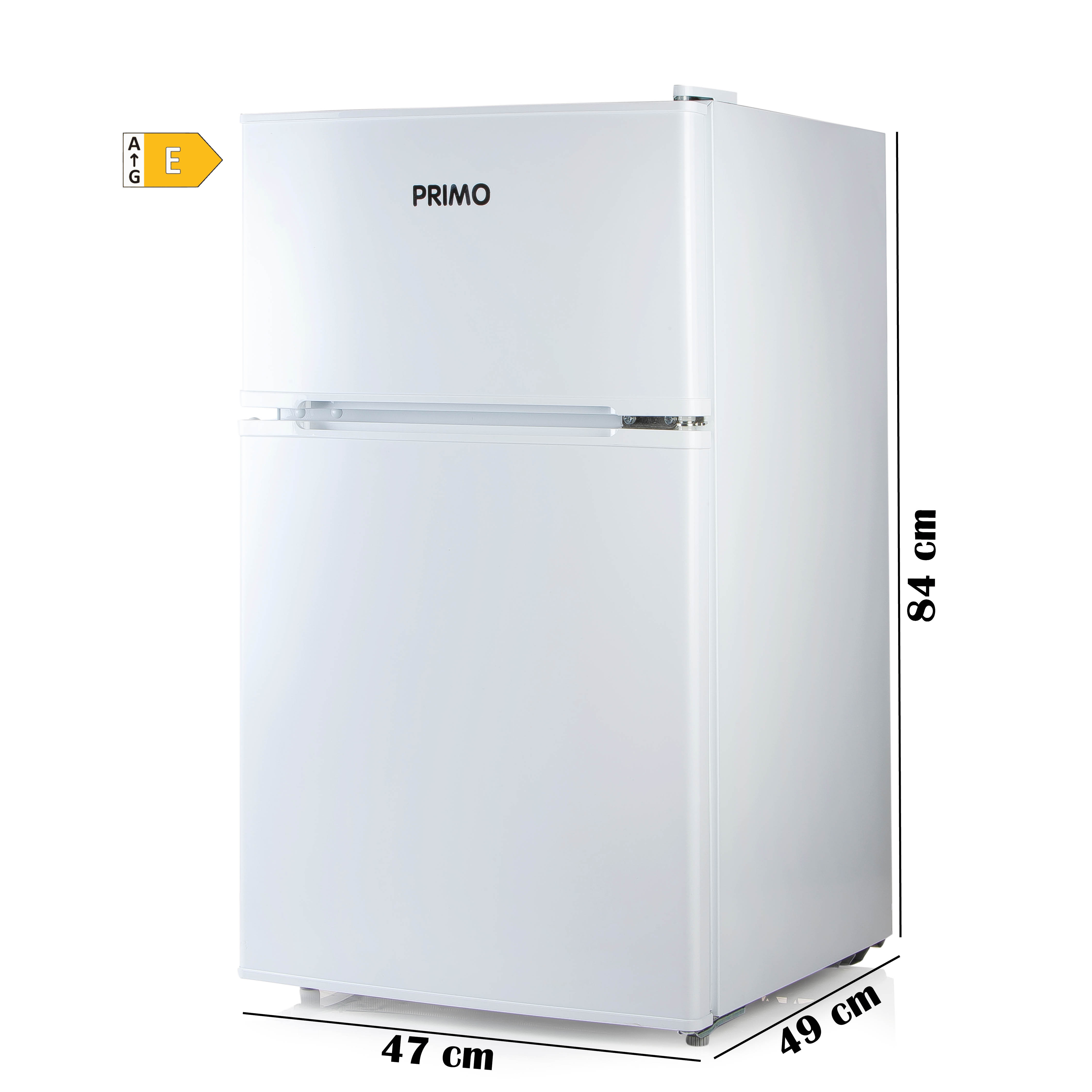 Réfrigérateur blanc à deux portes. Dimensions : 47 cm, 49 cm et 84 cm. Logo Primo.
