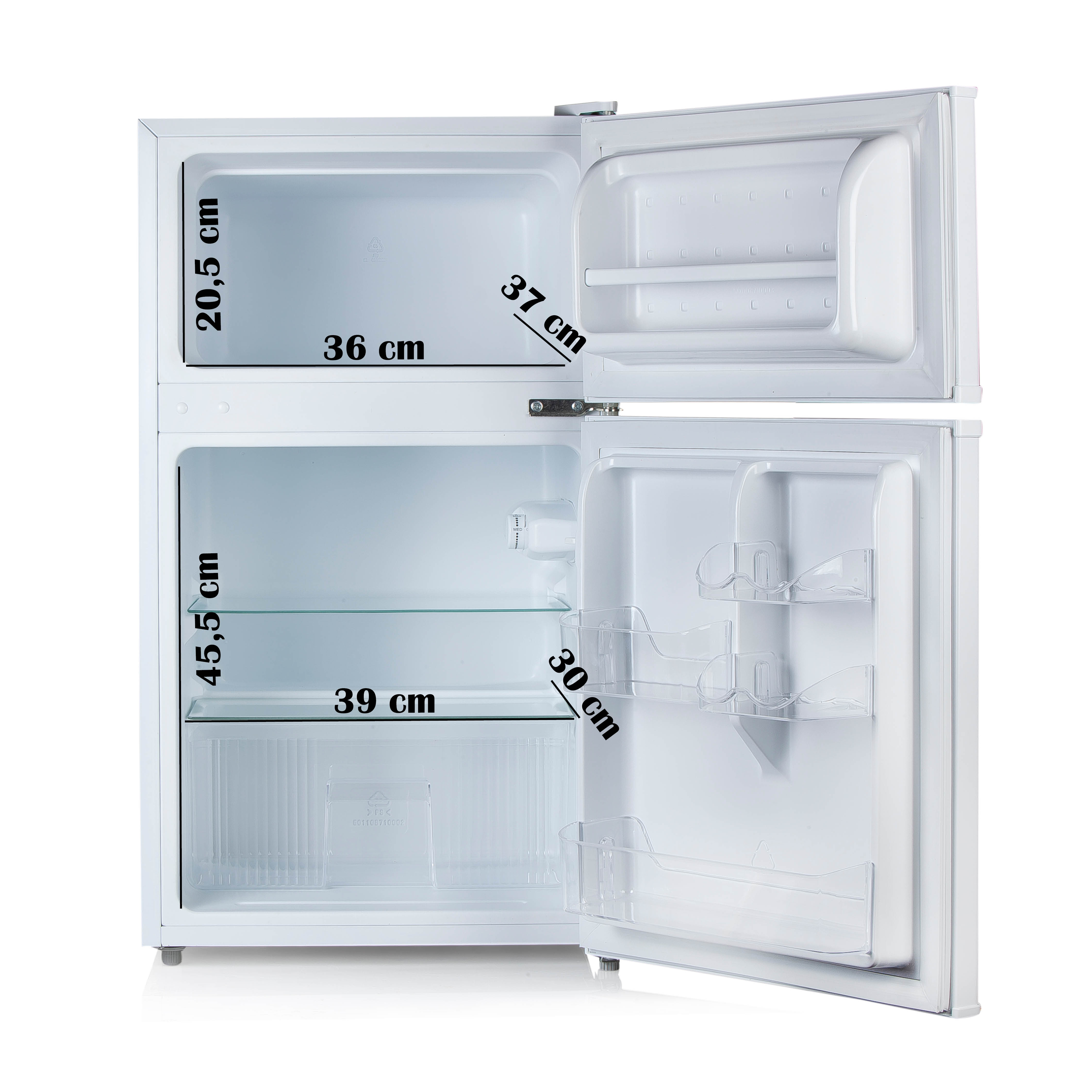 Réfrigérateur blanc, ouvert. Dimensions à l'intérieur. Compartiments supérieur et inférieur visibles.