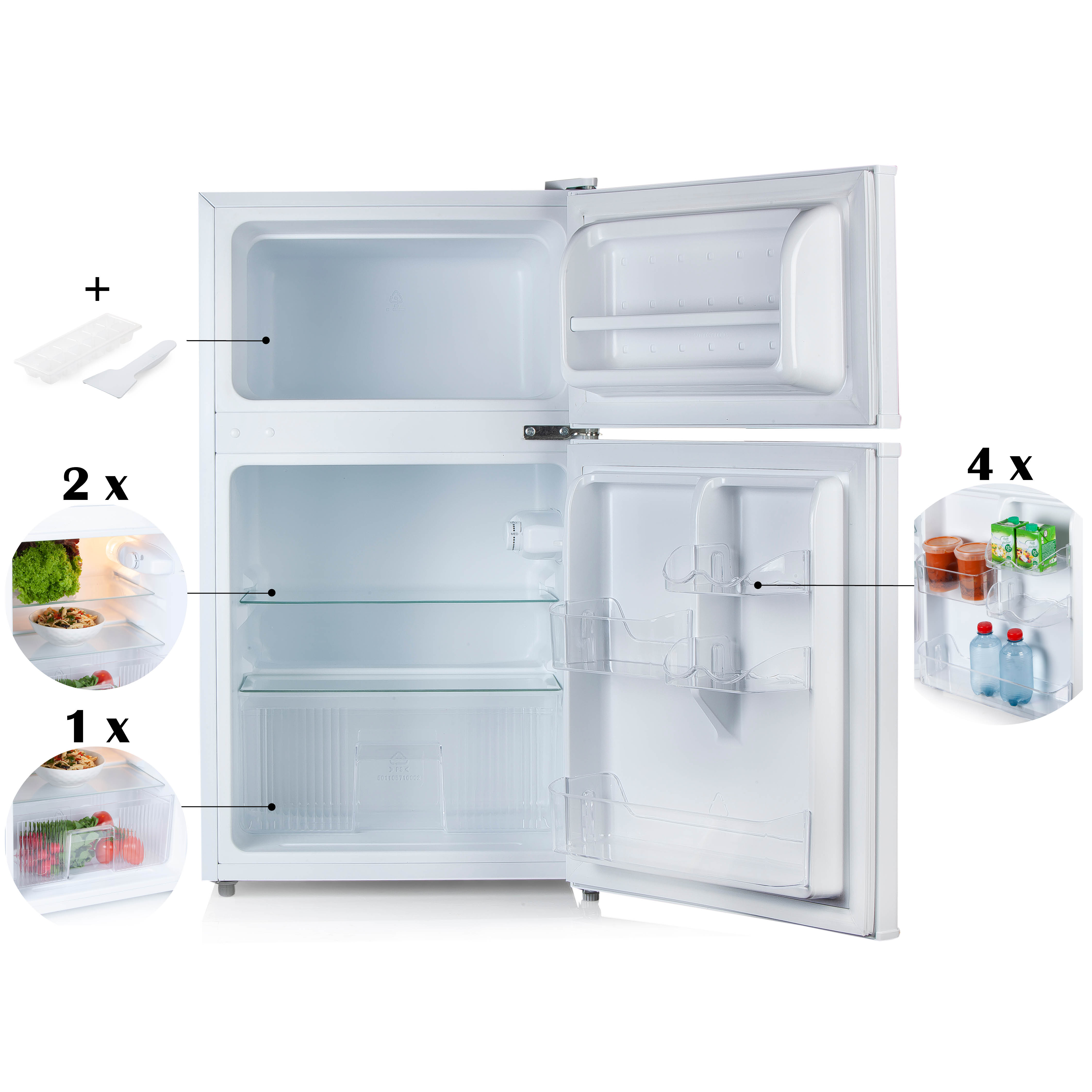 Un réfrigérateur blanc avec une porte ouverte montrant de la nourriture et des contenants à l'intérieur.