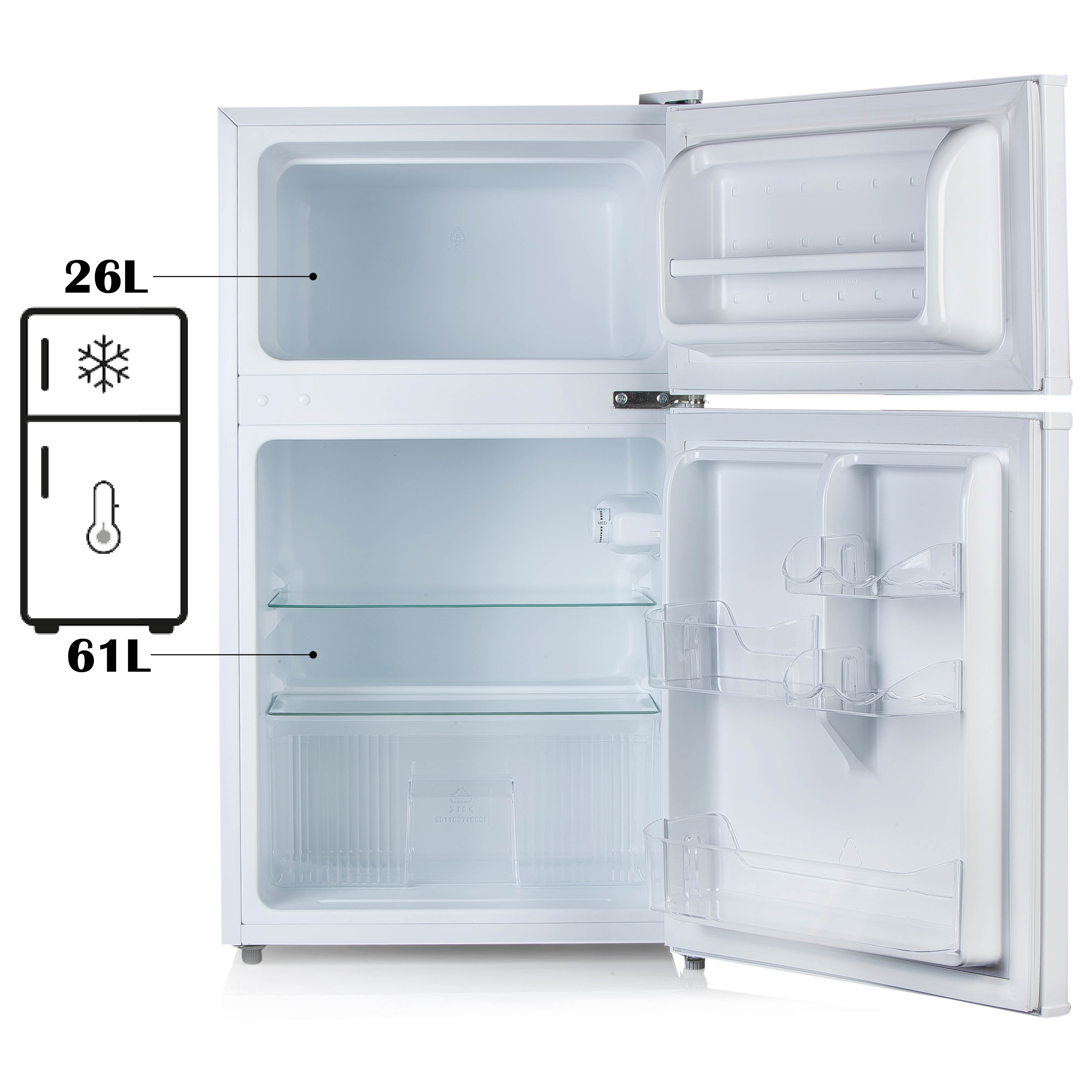 Un réfrigérateur blanc avec les portes ouvertes, montrant l'intérieur et une représentation graphique de la température.