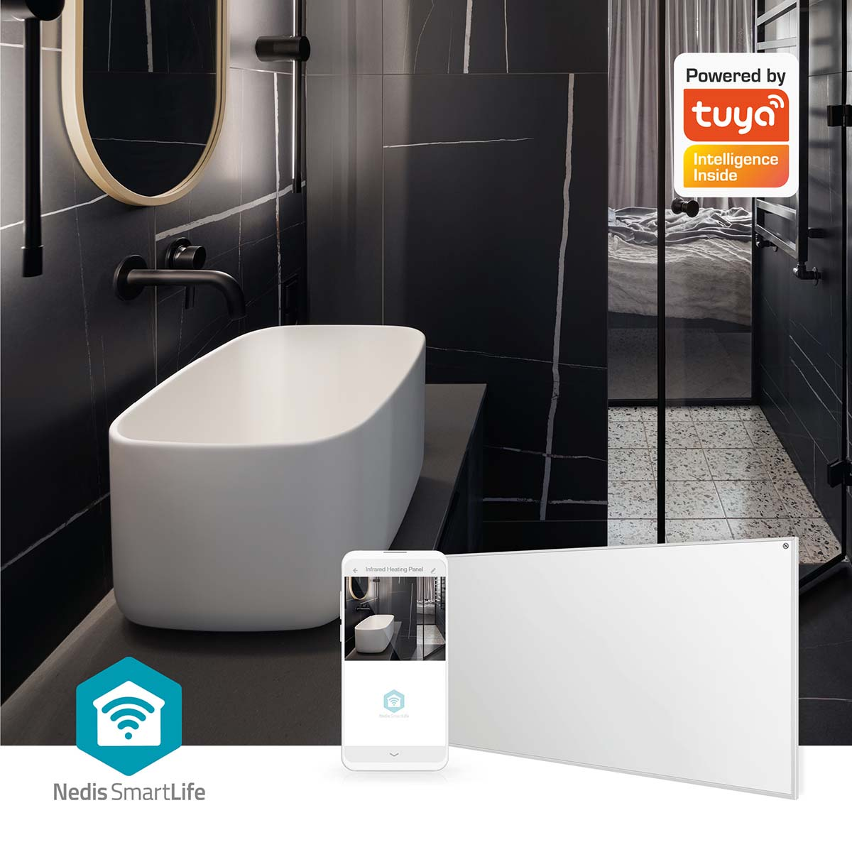 Baño moderno con lavabo blanco y calefactor inteligente.