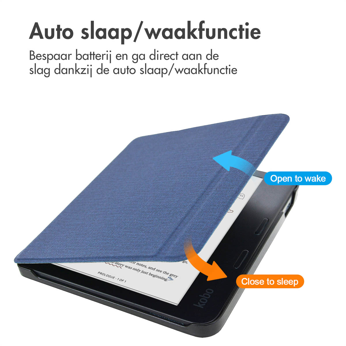 Een blauwe Kobo e-reader met een hoes. De hoes is open en toont het scherm met tekst.