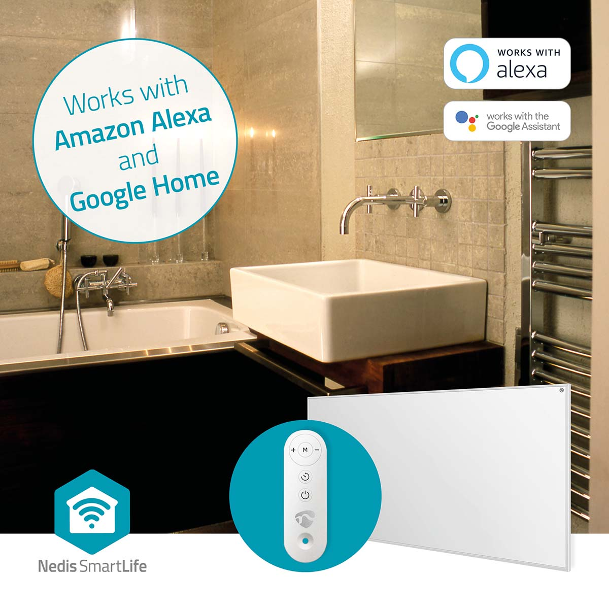 Un baño con un lavabo blanco, una bañera y un calentador. El calentador dice 'Works with Alexa and Google Home'.