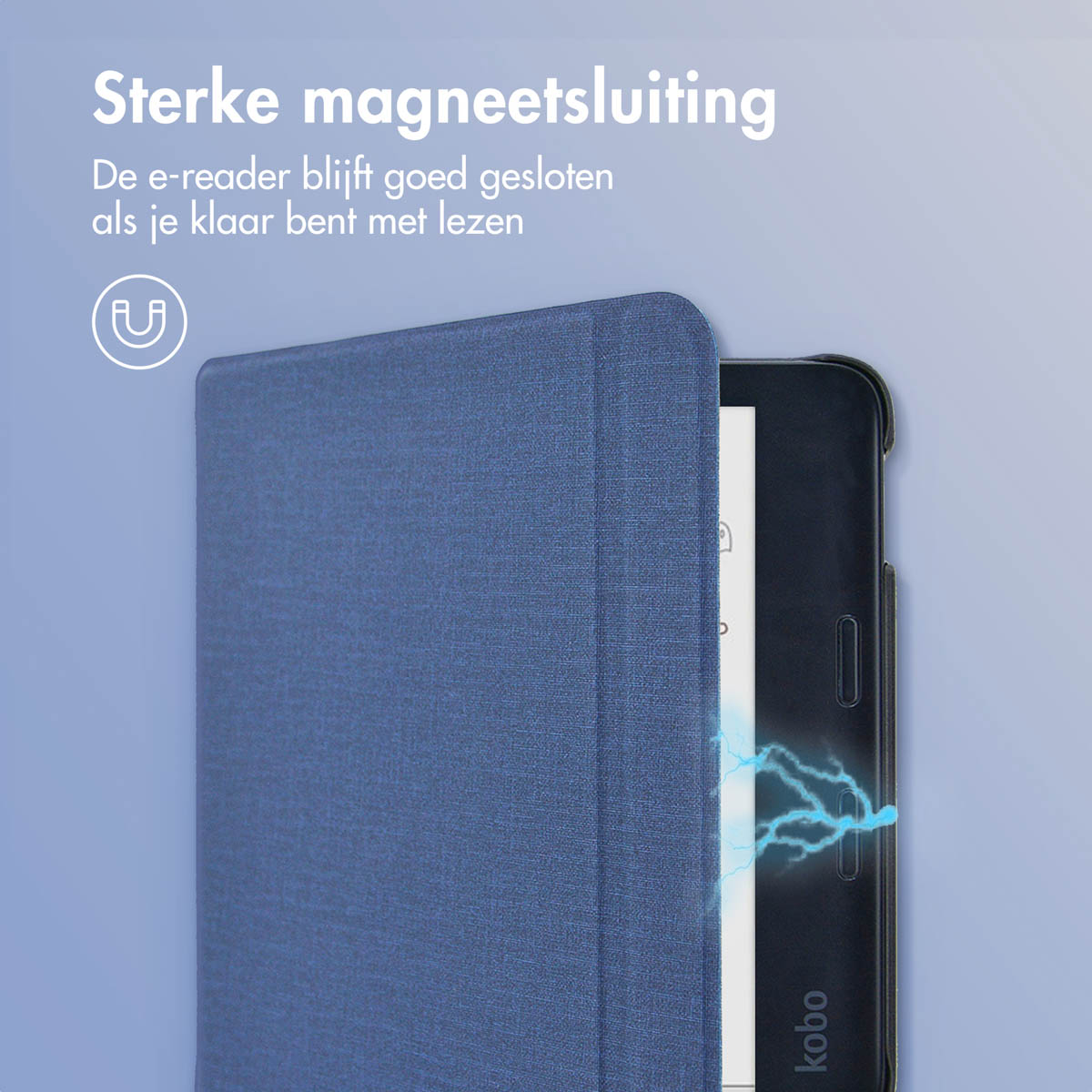 E-reader met blauwe cover, toont magnetische sluiting.