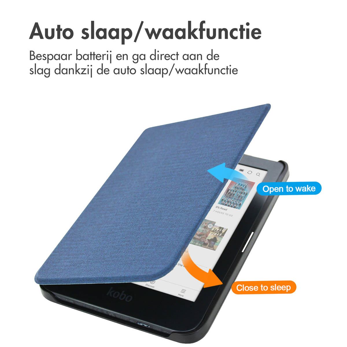 Een blauwe hoes die opengaat om een e-reader met tekst op het scherm te onthullen, close-up.