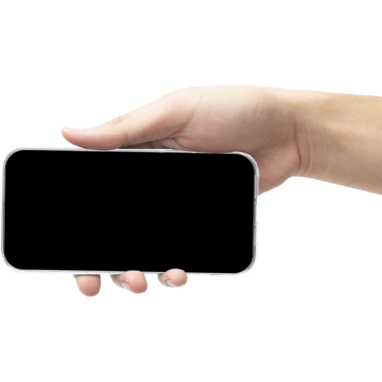 A hand holding a phone. The phone screen is black.