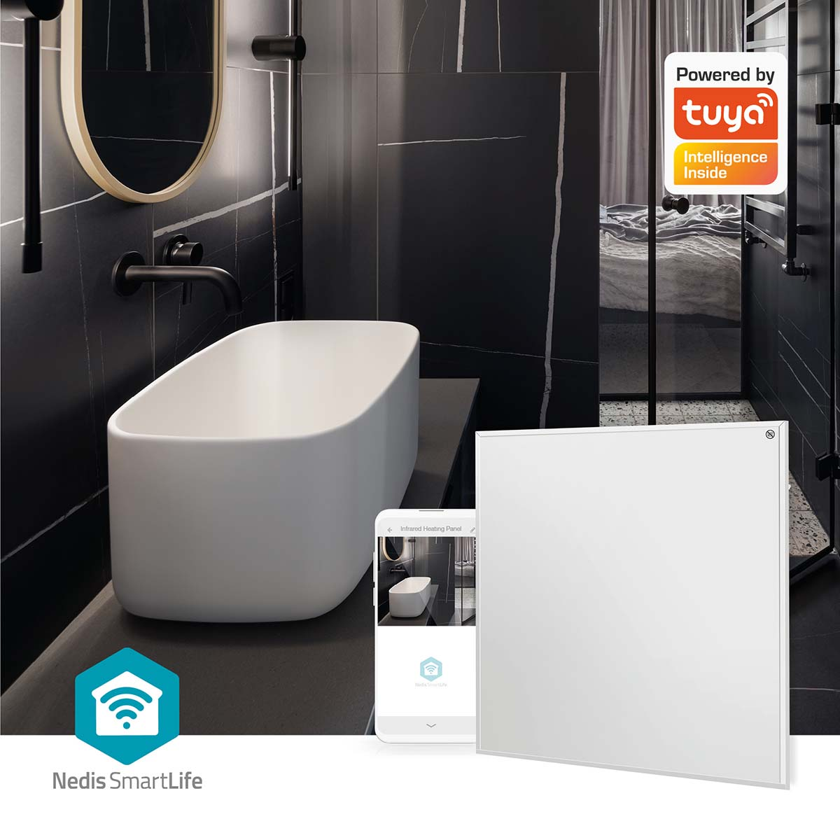 Łazienka z białą wanną, panelem smart, lustrem. Czarne ściany, czarna bateria, telefon z aplikacją.