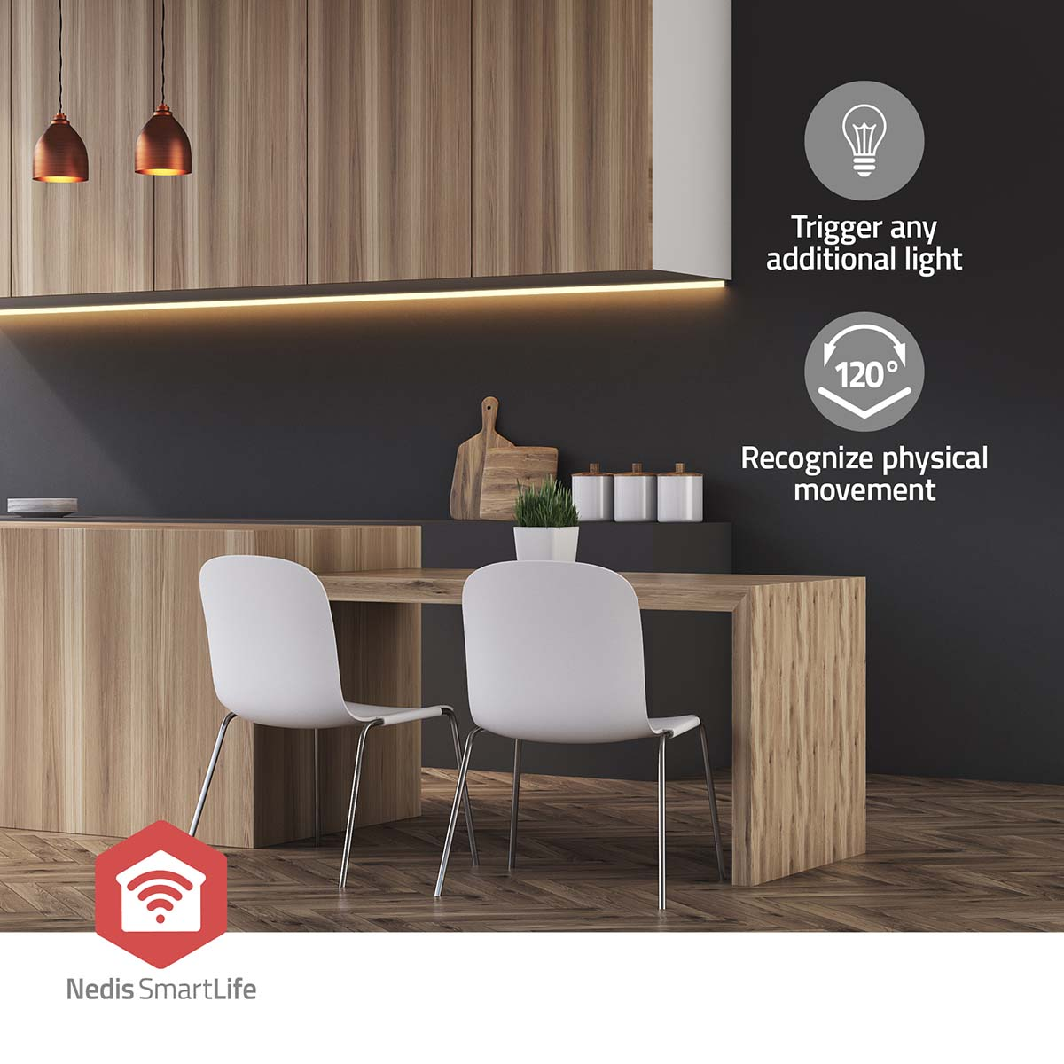 Moderne keuken met verlichting, tafel, stoelen en smart home integratie.