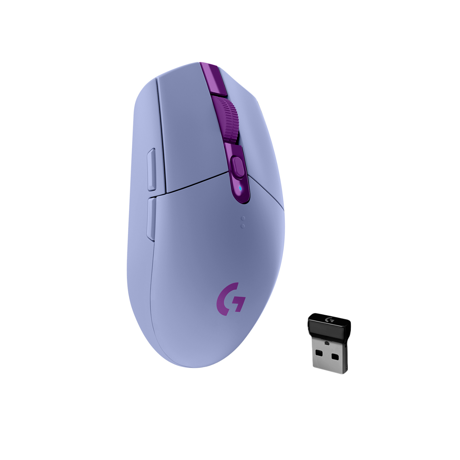 Lawendowa mysz bezprzewodowa z fioletowymi akcentami. Dołączony jest bezprzewodowy odbiornik USB.