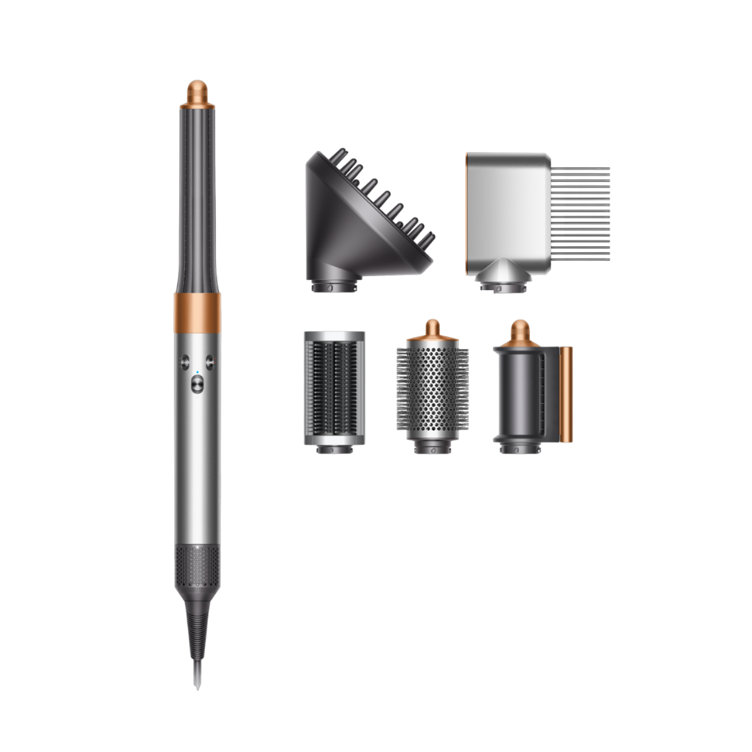 Strumento per capelli Dyson con accessori multipli, argento e rame. Sfondo nero.