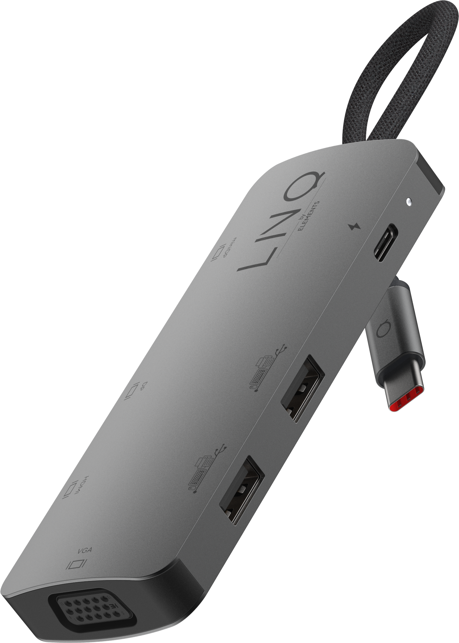 Adattatore multiporta grigio. Include HDMI, USB e altre porte. Cavo nero.