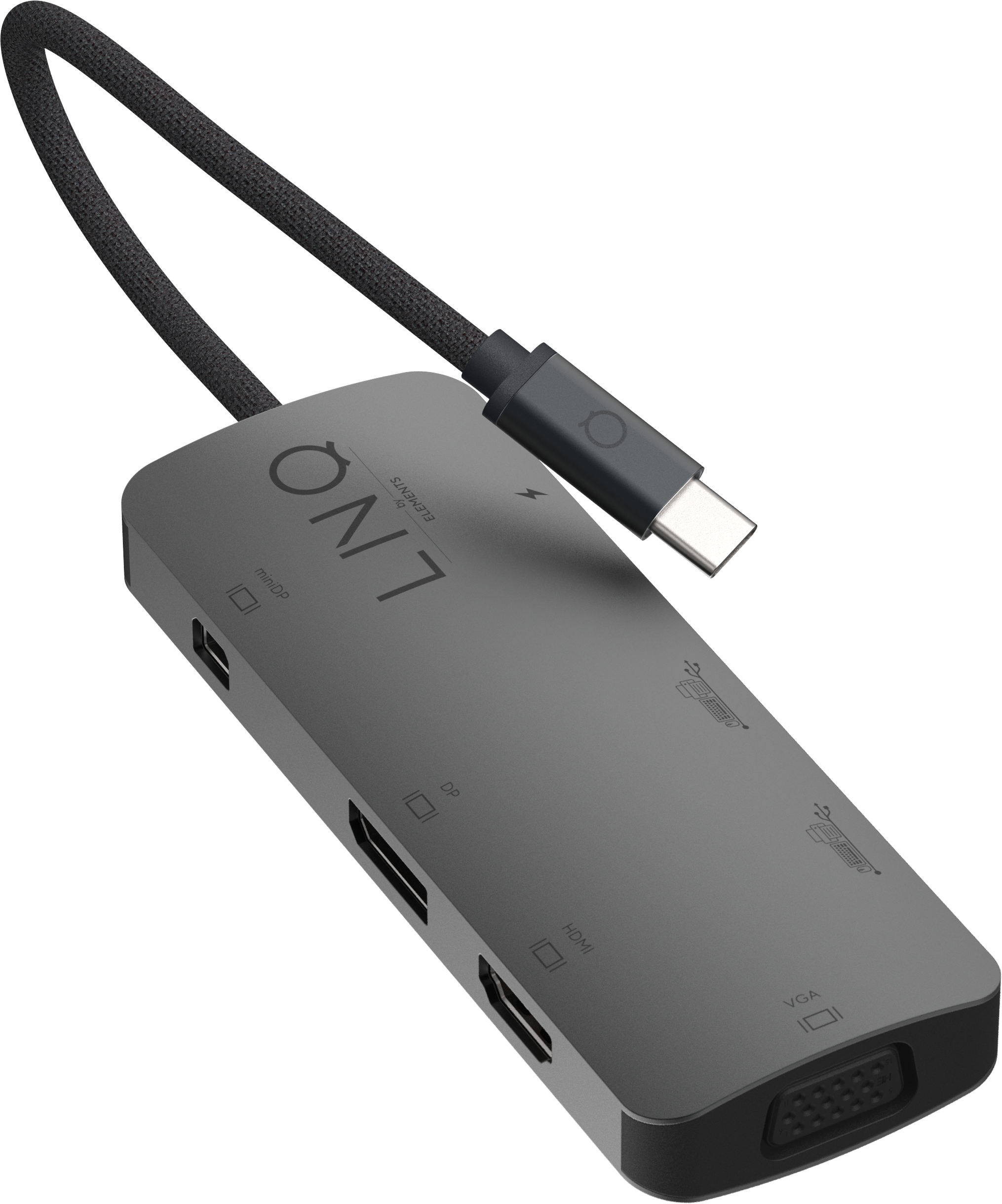 Hub grigio scuro con più porte, tra cui miniDP, DP, HDMI e VGA, collegato a un cavo nero.
