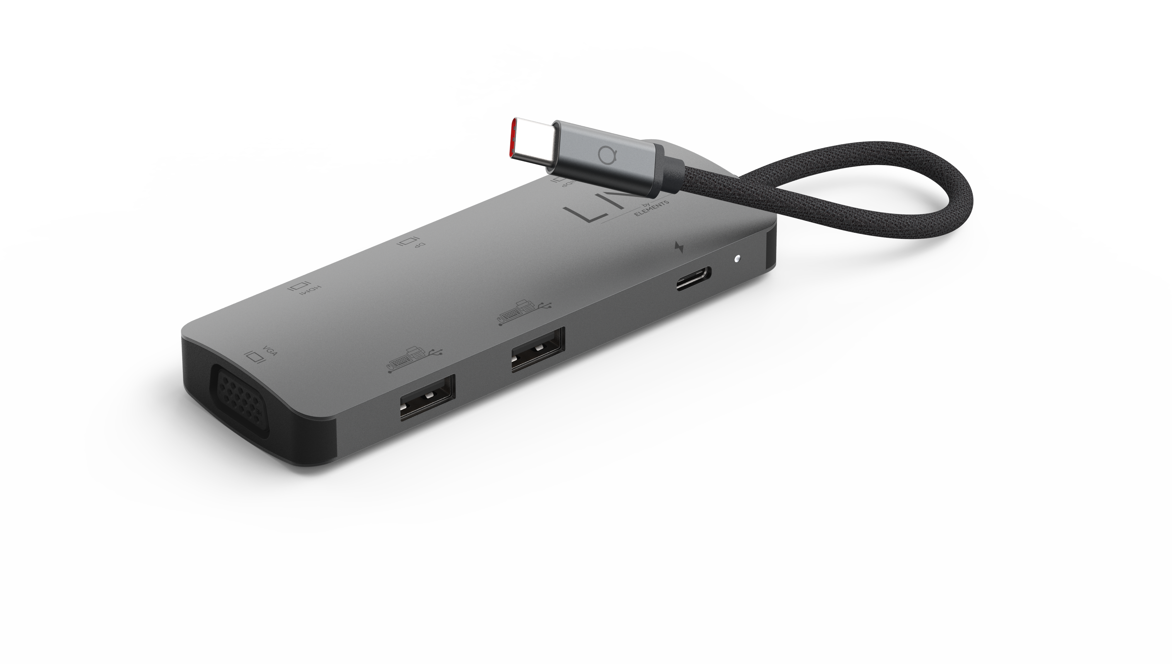 Un hub USB grigio con più porte e un cavo USB-C collegato. Lo sfondo è bianco.