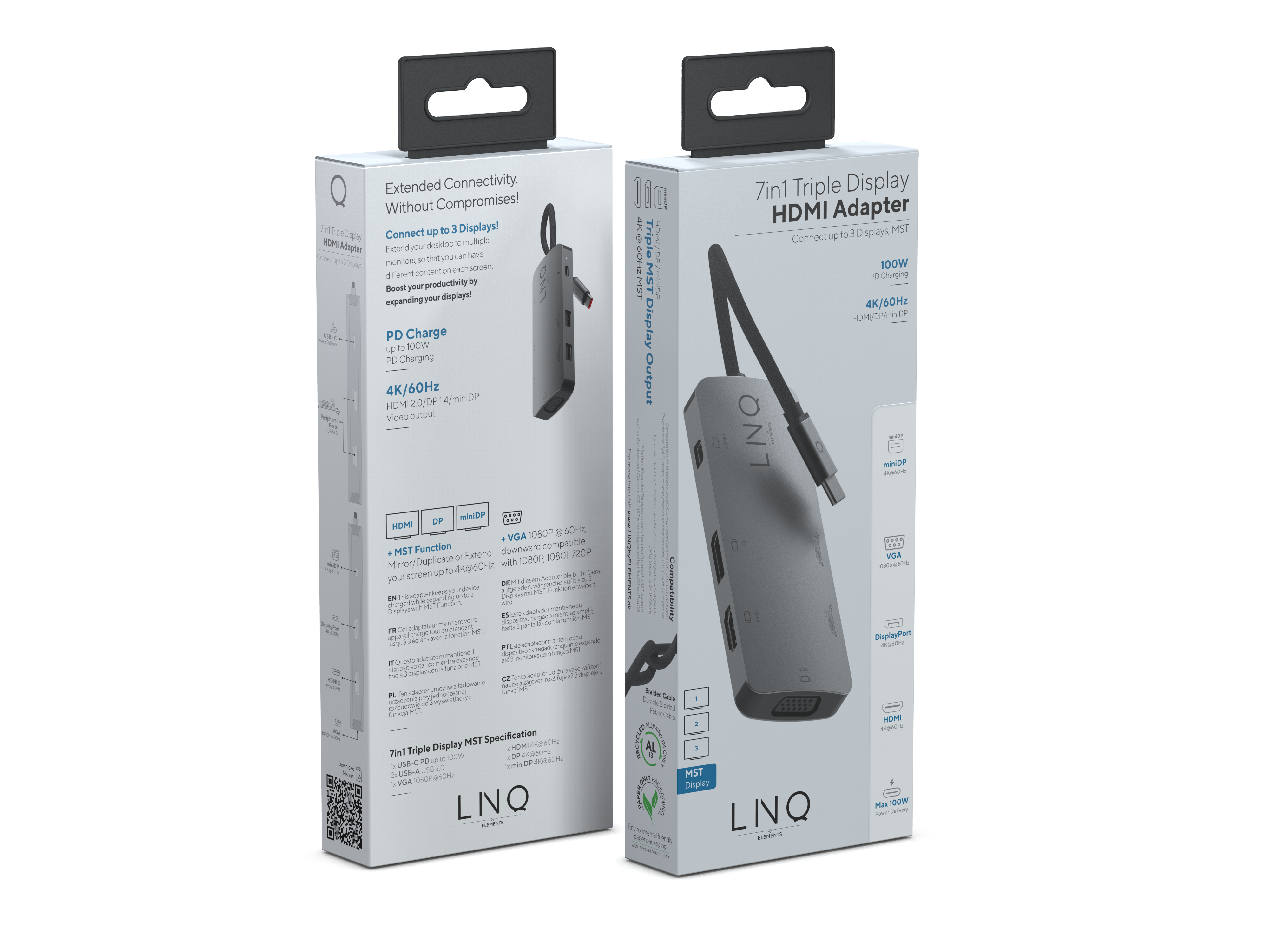 Due scatole bianche di un adattatore HDMI a triplo display 7 in 1, che mostrano i dettagli del prodotto.