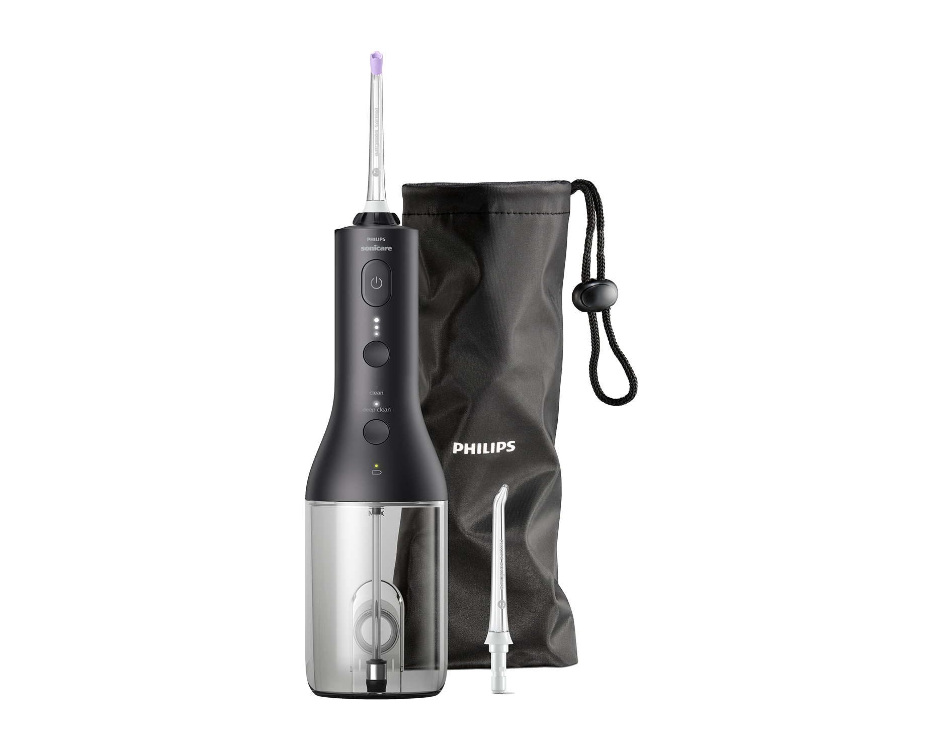 Philips Sonicare AirFloss Wasser-Flosser. Schwarz mit silbernen Akzenten und einer Tasche.